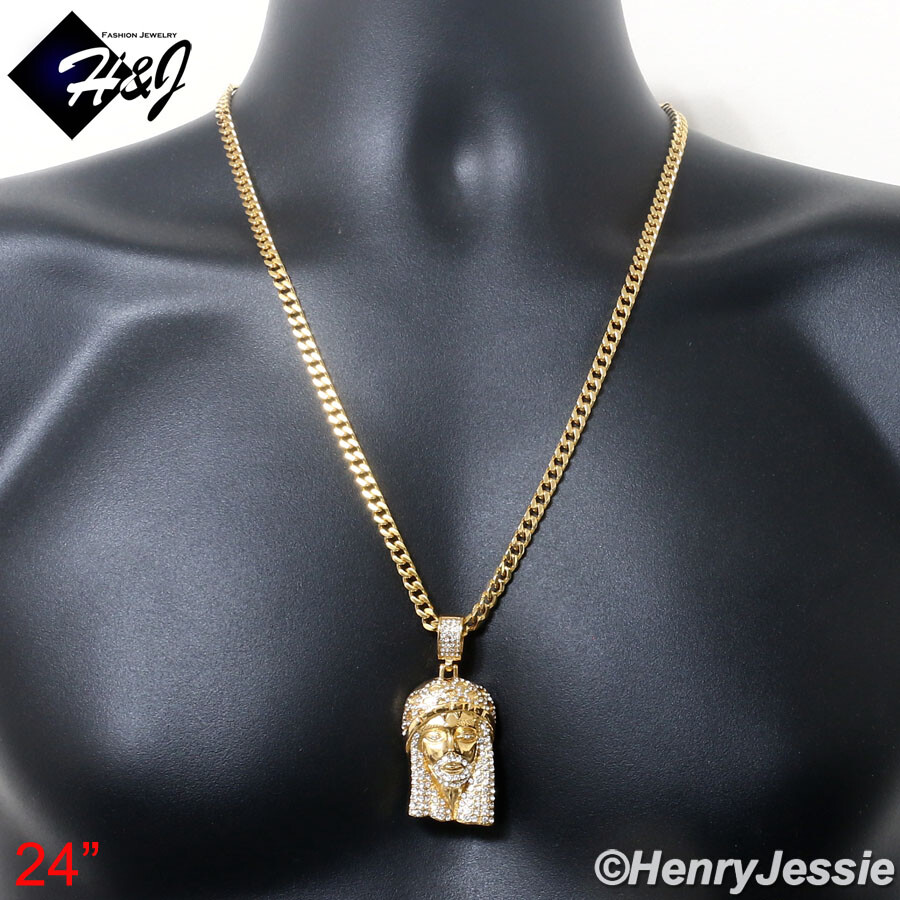 18″-40″MEN Stainless Steel 5mm Gold Plated Cuban Chain CZ Jesus Face Pendant*150