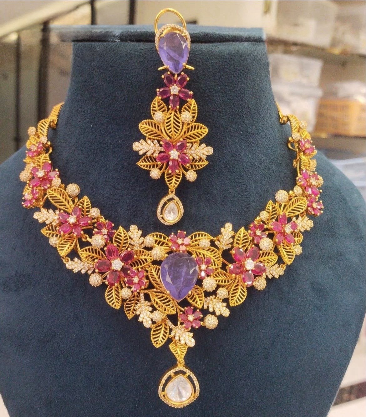 Gold plated Floral Statement Necklace Purple Teardrop Crystal Pink Clear