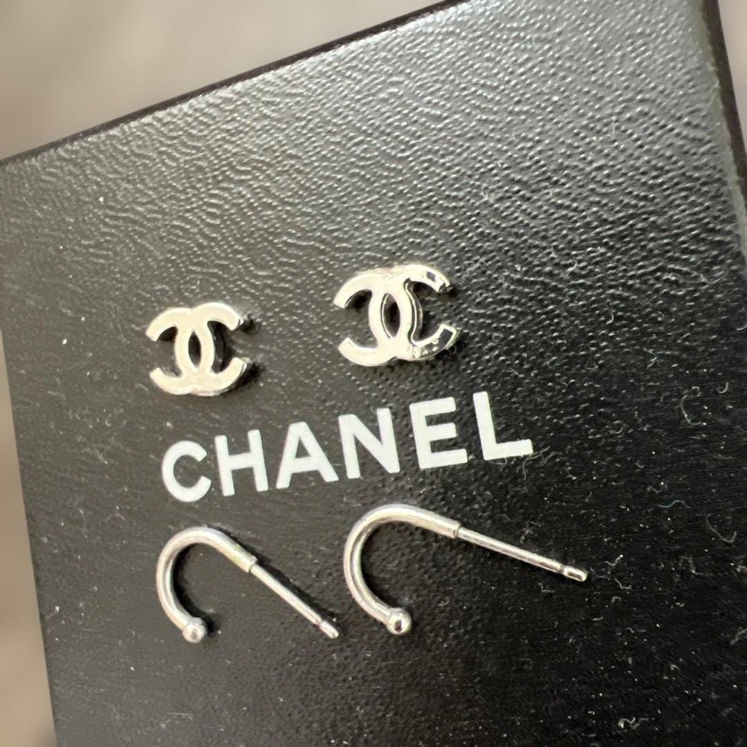 CHANEL Coco Mark Silver Stud Earrings Hoop Only No Backings Damaged