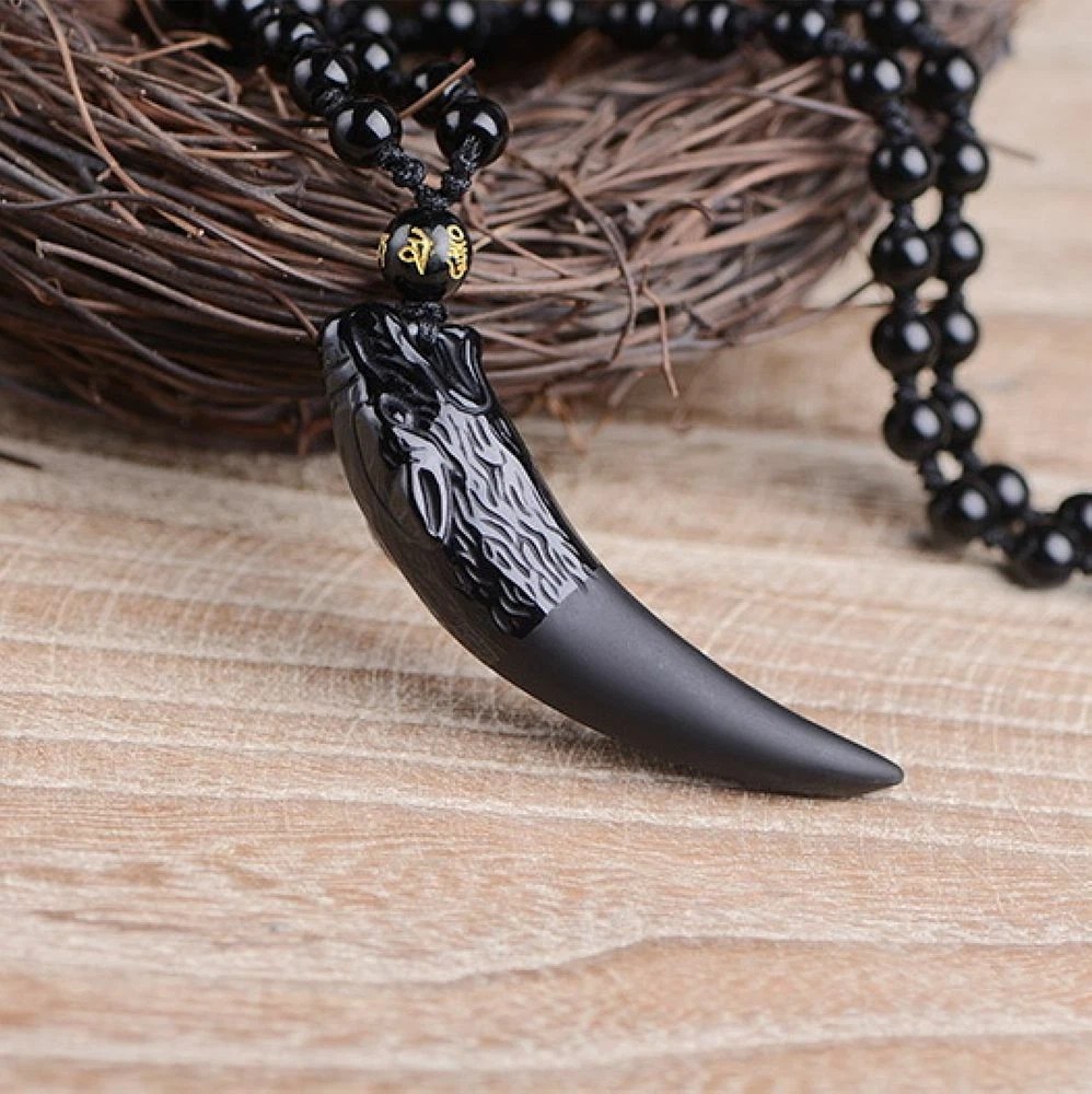 Natural black Obsidian Crystal Wolf Tooth Necklace pendant bead with chain