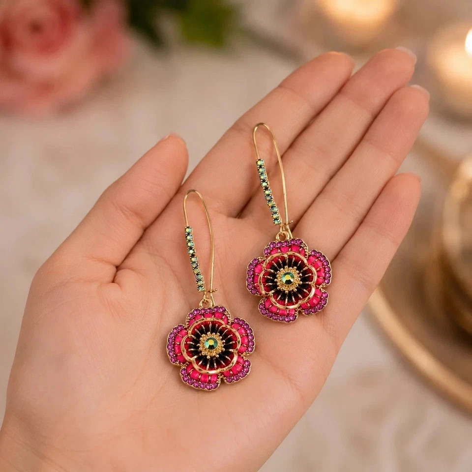 Pink Rose Flower Dangle Earrings Gold Tone Crystal Rhinestone Women’s Jewelry