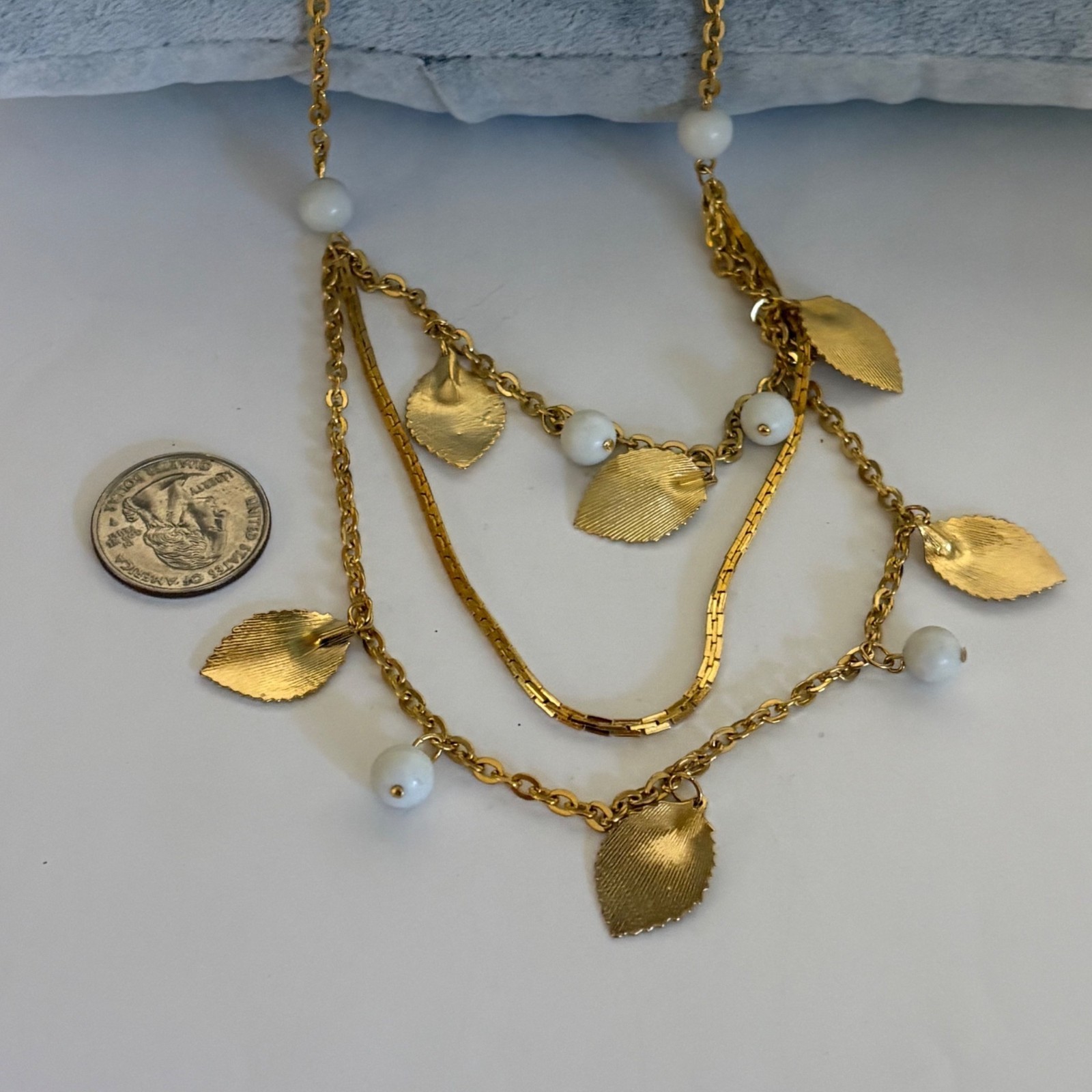 Gold-Plated Layered Necklace Textured Leaf White Bead Dangles Korea Timeless NEW