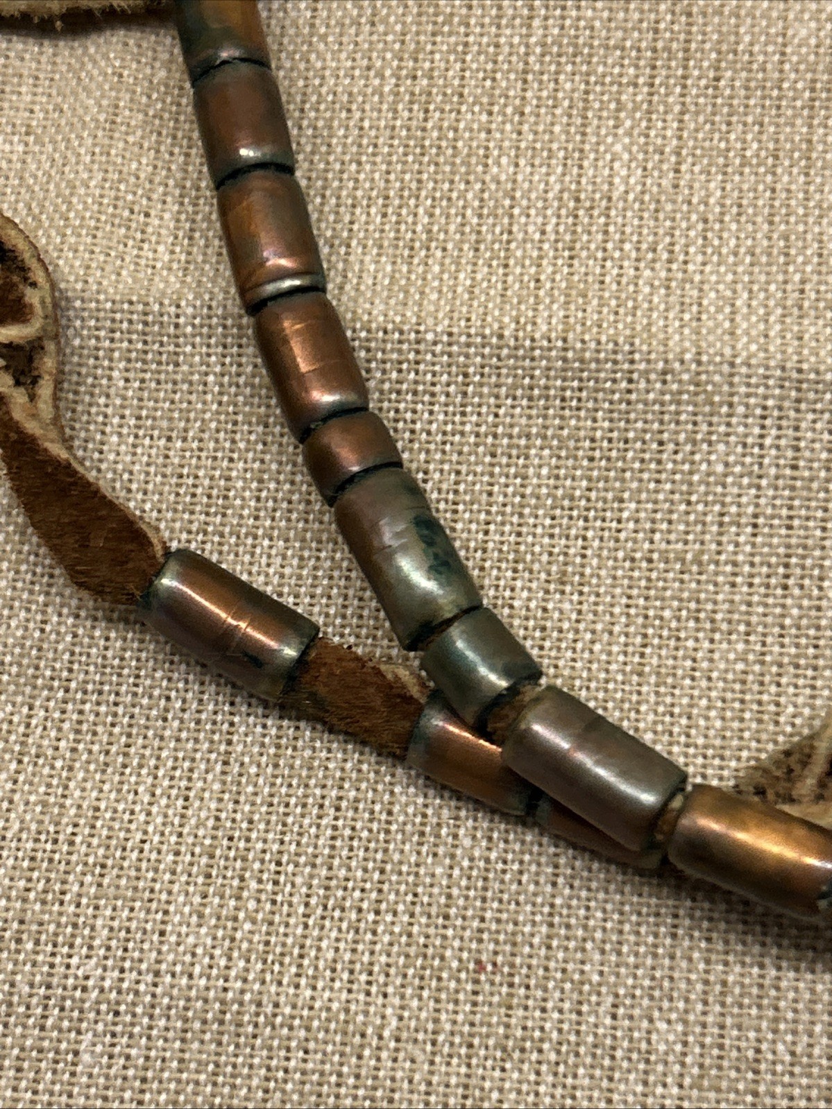 Set of Two Boho Tribal Style Necklaces Leather Cord Copper Metal Charms Beads