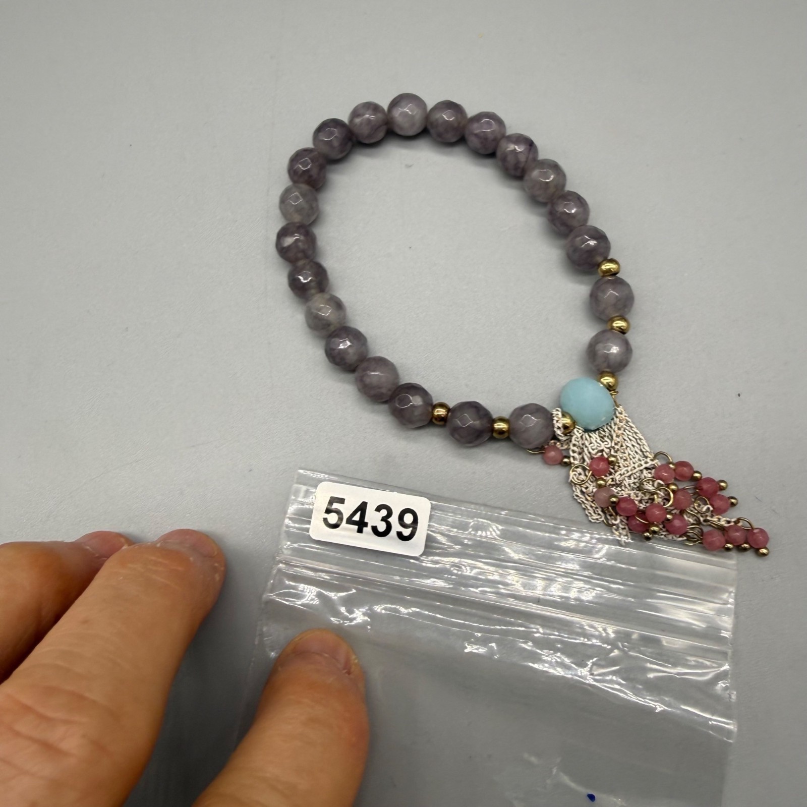 Stone Beaded Stretch Bracelet Blue & Pink Accents Gold Detailing & Chain Tassels