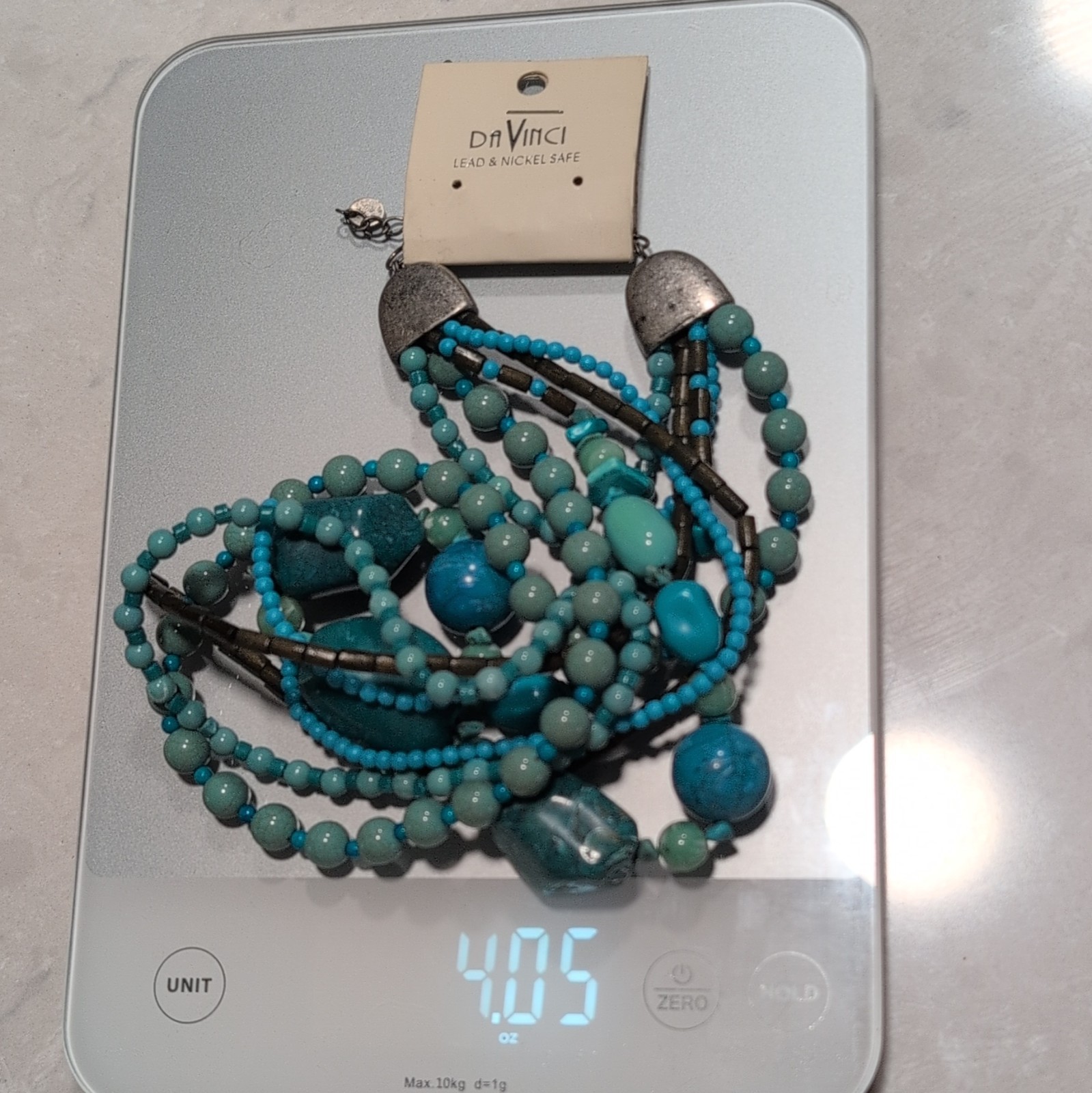 DaVinci Layered Turquoise Blue Beaded Necklace, Adjustable 18in Lobster Clasp