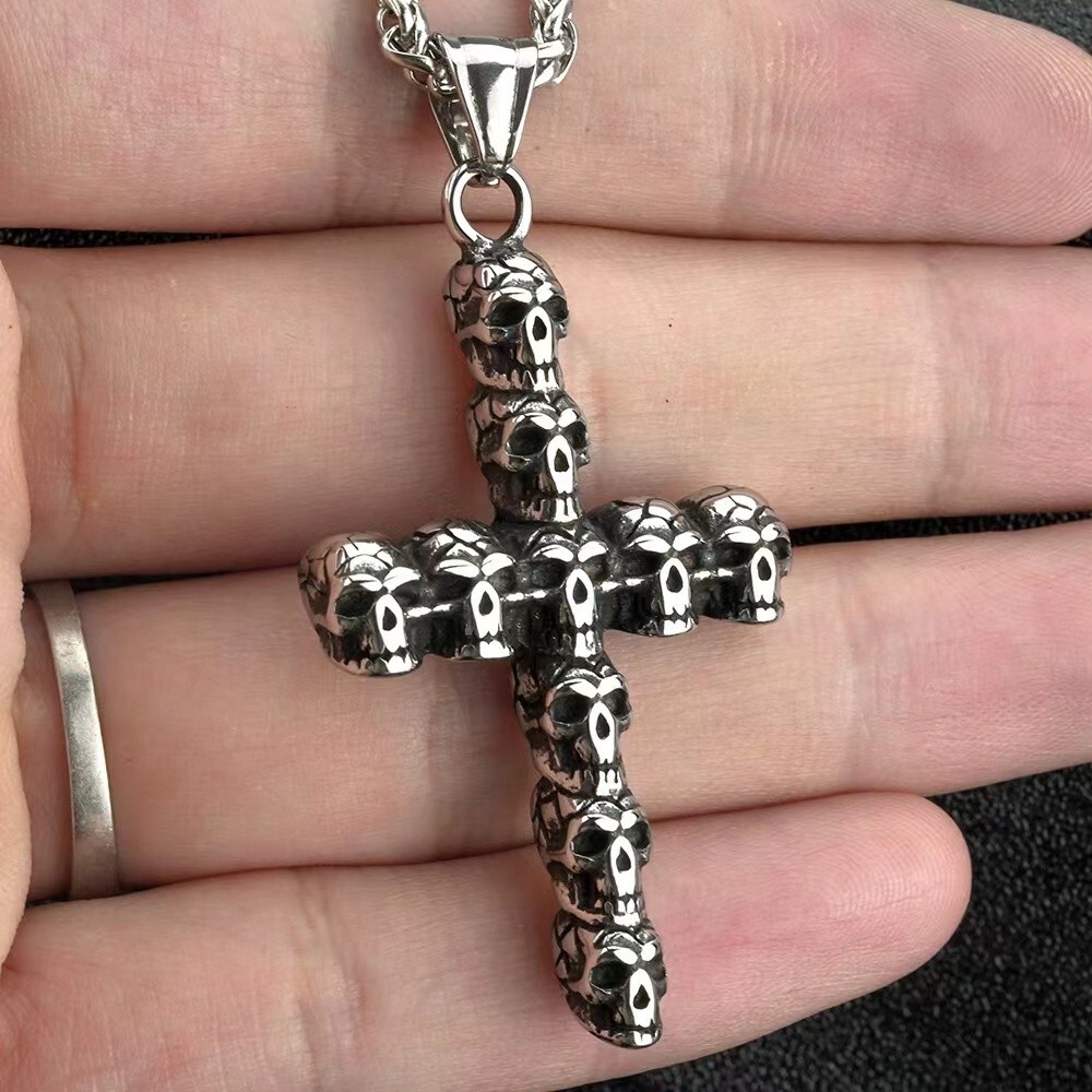 Mens Skull Skeleton Cross Pendant Necklace Punk Gothic Retro Jewelry Chain 24″