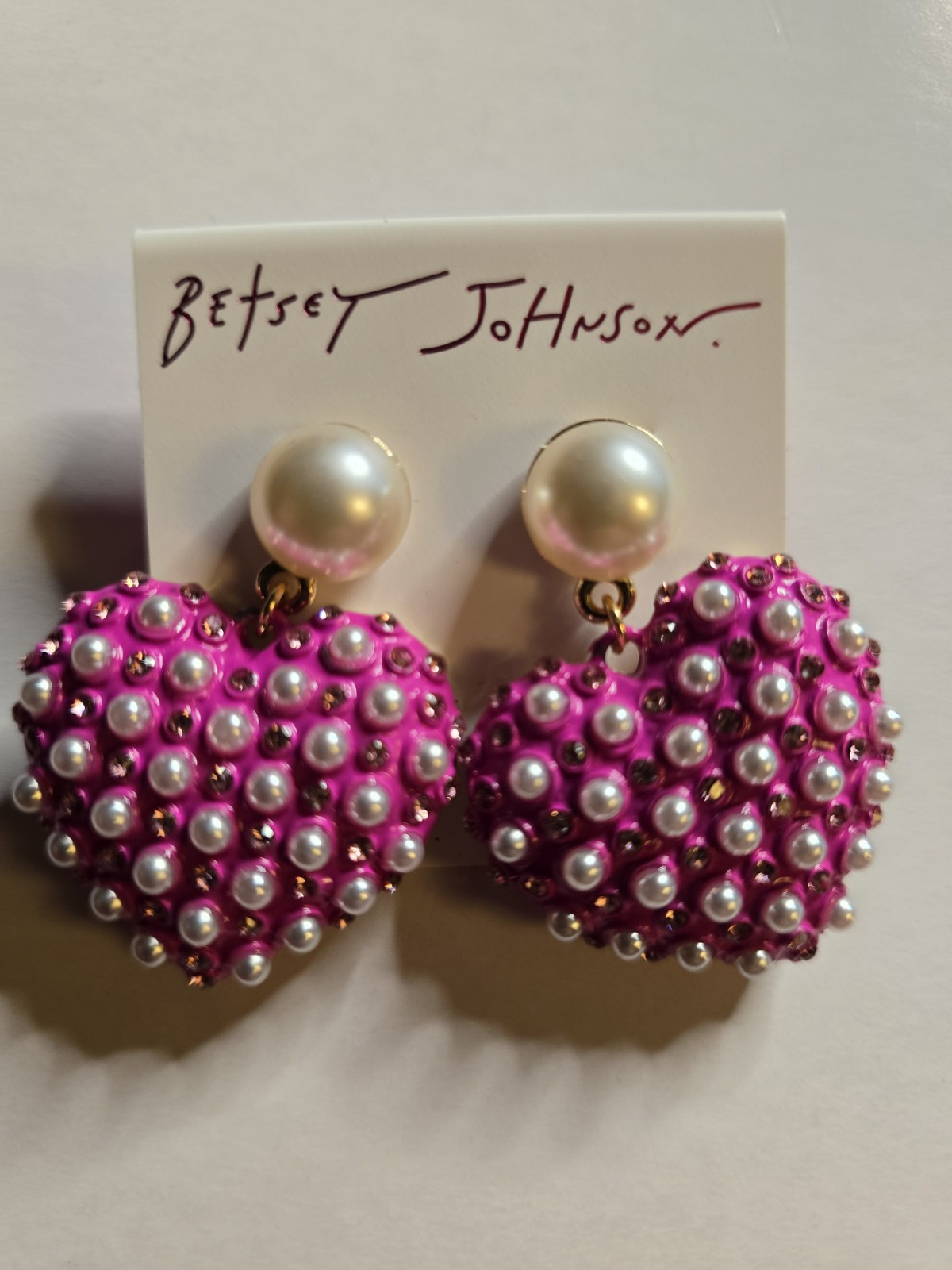 BETSEY JOHNSON Pink Heart Shape Drop Earrings With Pearl Accents