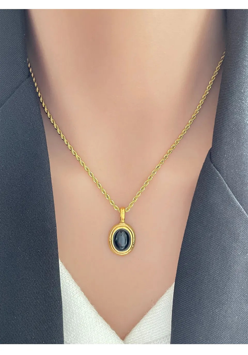 Oval Gem Stone Pendant Necklace Stainless Steel Gold Plated Twist Rope Jewelry