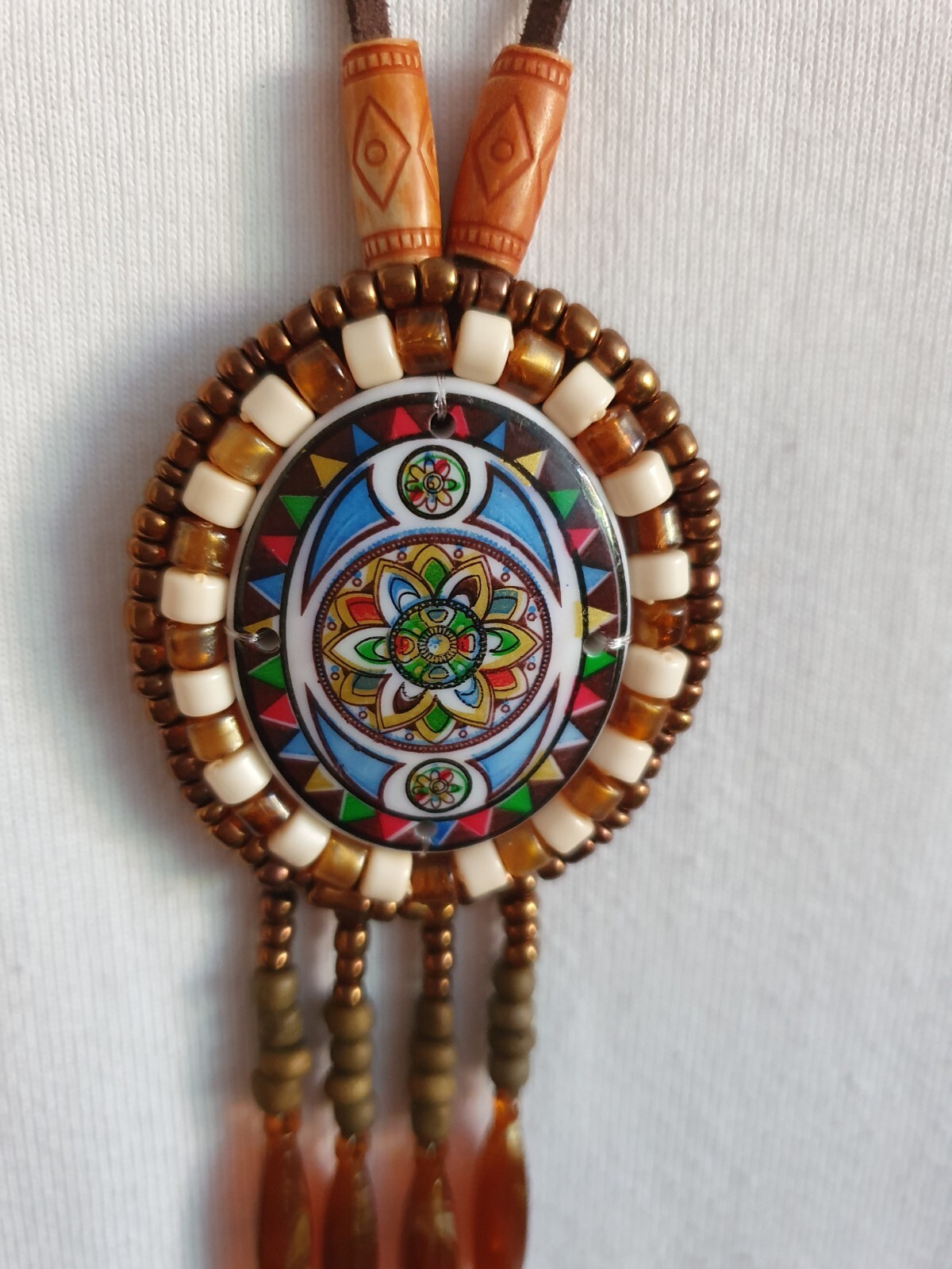 Artisan Mandala Beaded Oval Tassel Leather backed Pendant suede cord Metal Free