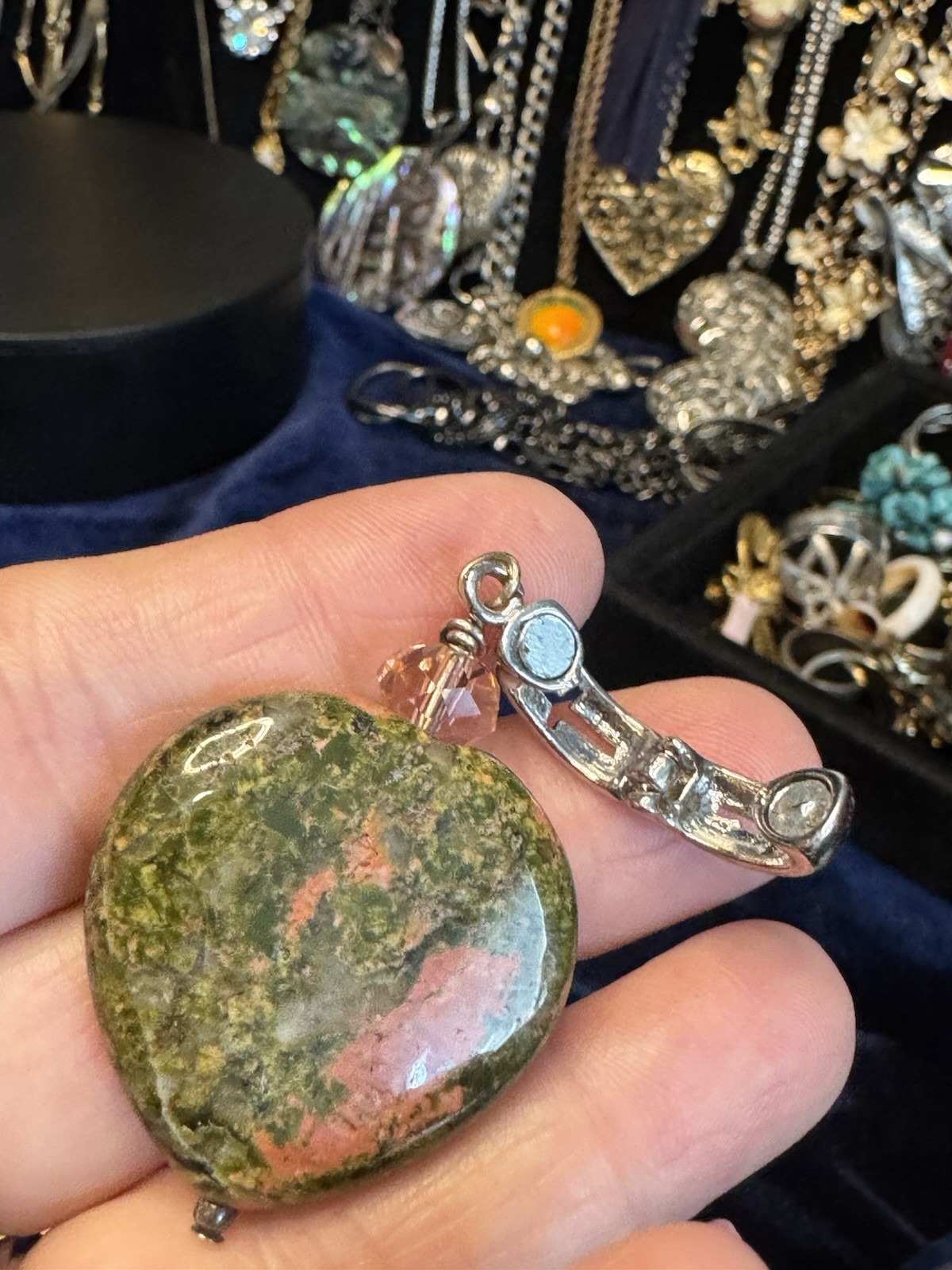 Unakite Heart Dangle Charm Large Hole Bead Pink Crystal Bracelet