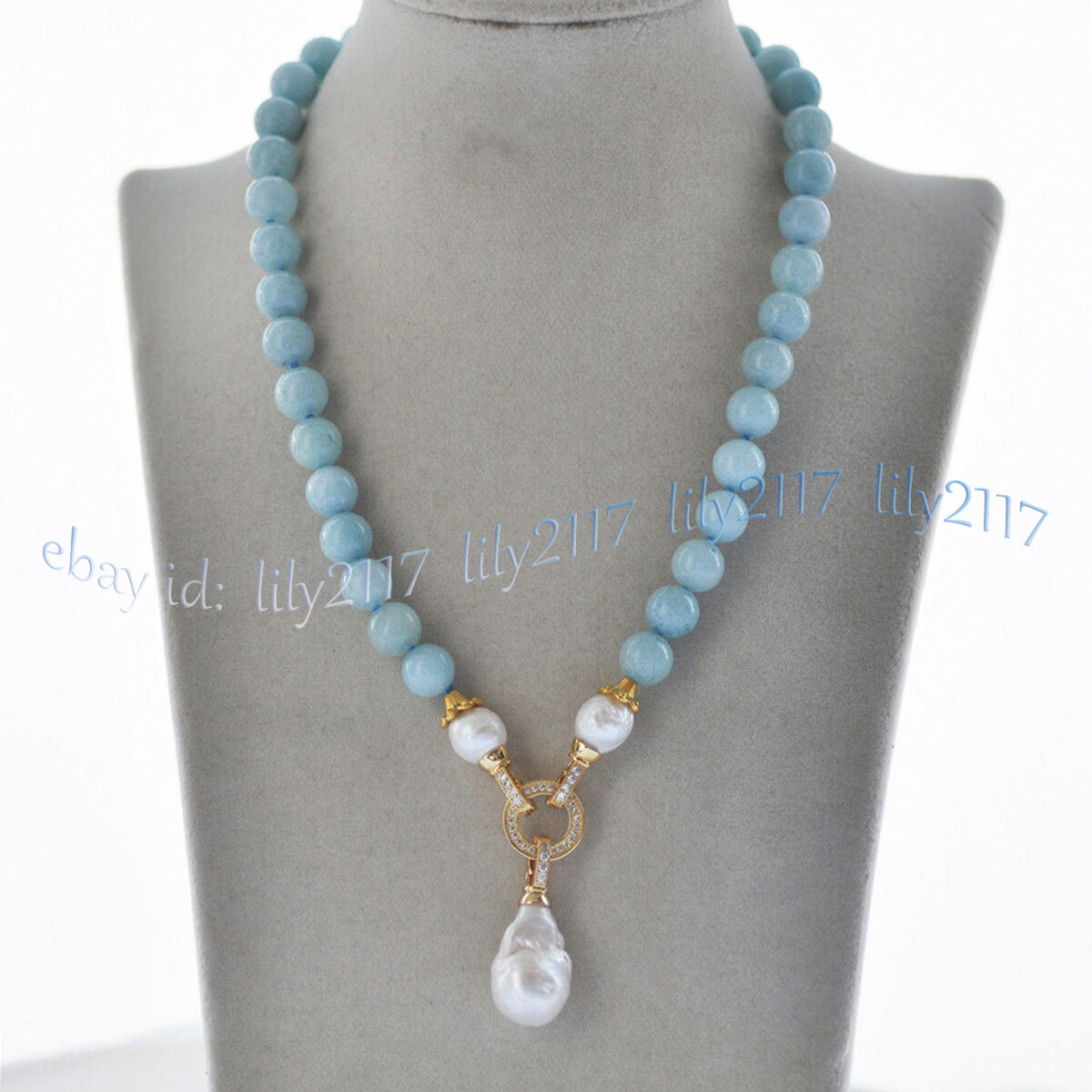 Natural Blue Aquamarine Gems Beaded White Keshi Baroque Pearl Pendant Necklace