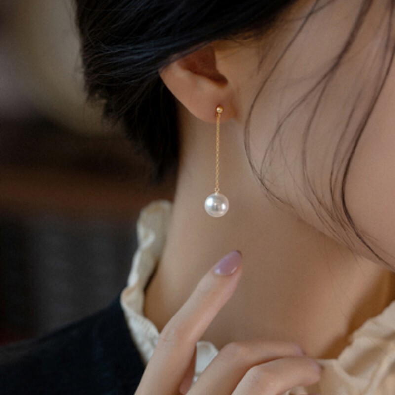 1 pair Genuine AAA natural Akoya white pearl dangle earrings 14k yelllow gold P
