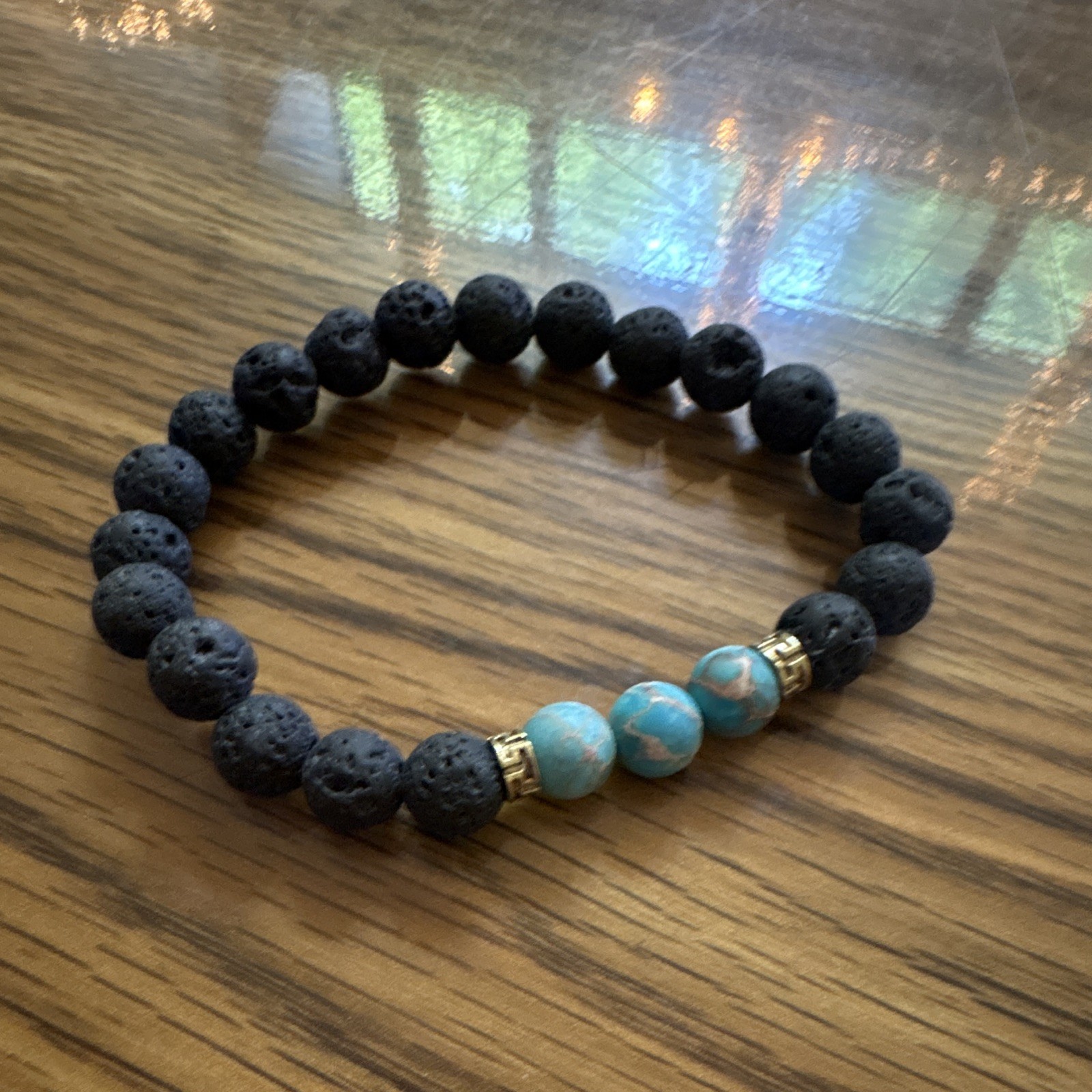 Black Beaded Bracelet With Turquoise Beads Stretchy