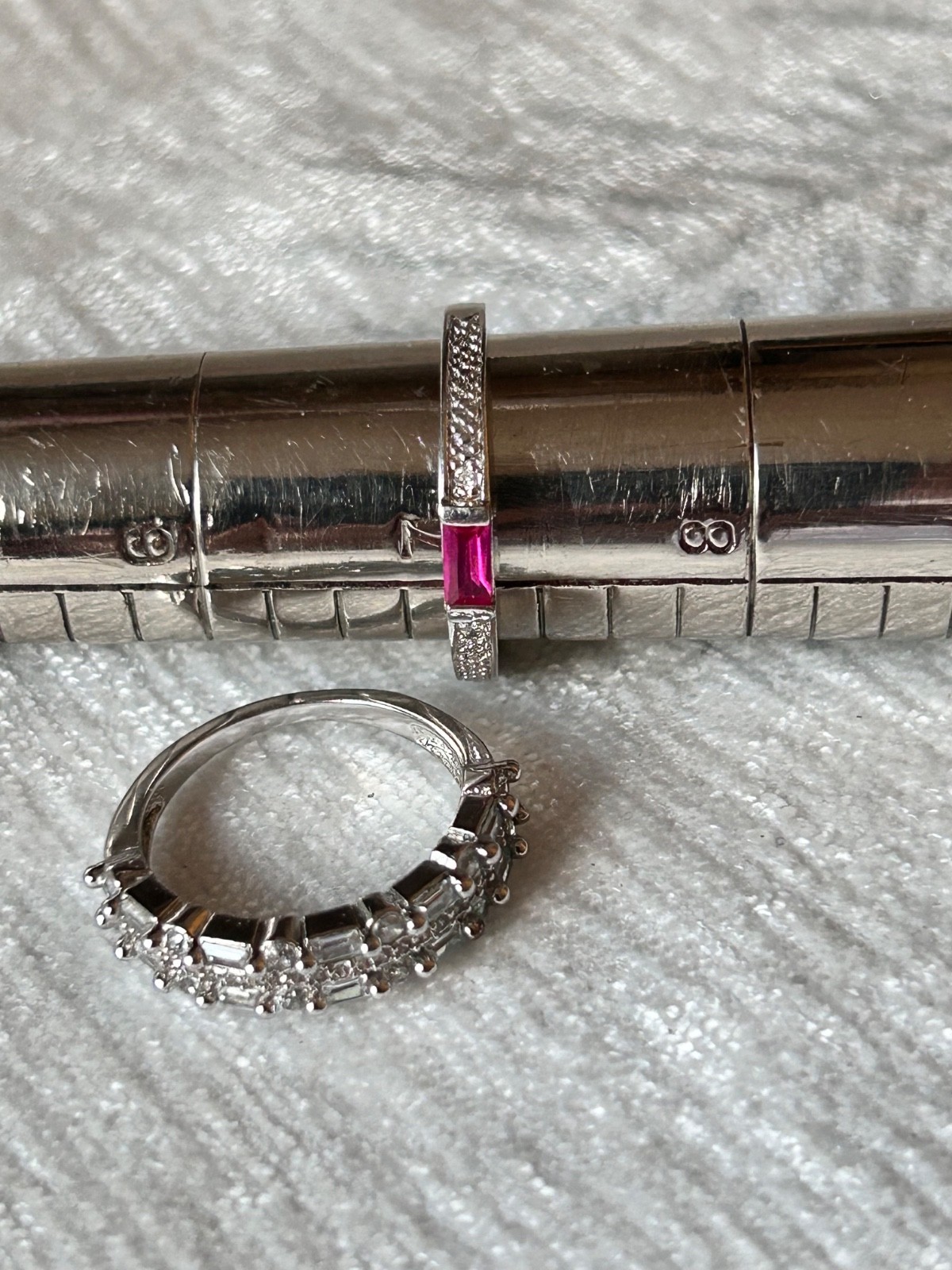 2 channel set baquette style rings silver tone size 7