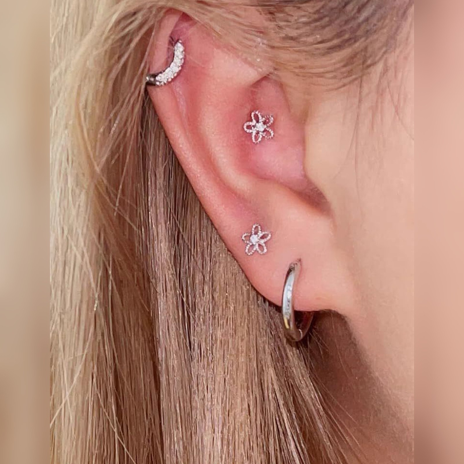 Women Small Silver Flower Screw Back Stud Earrings Girls Jewelry Gift For Her