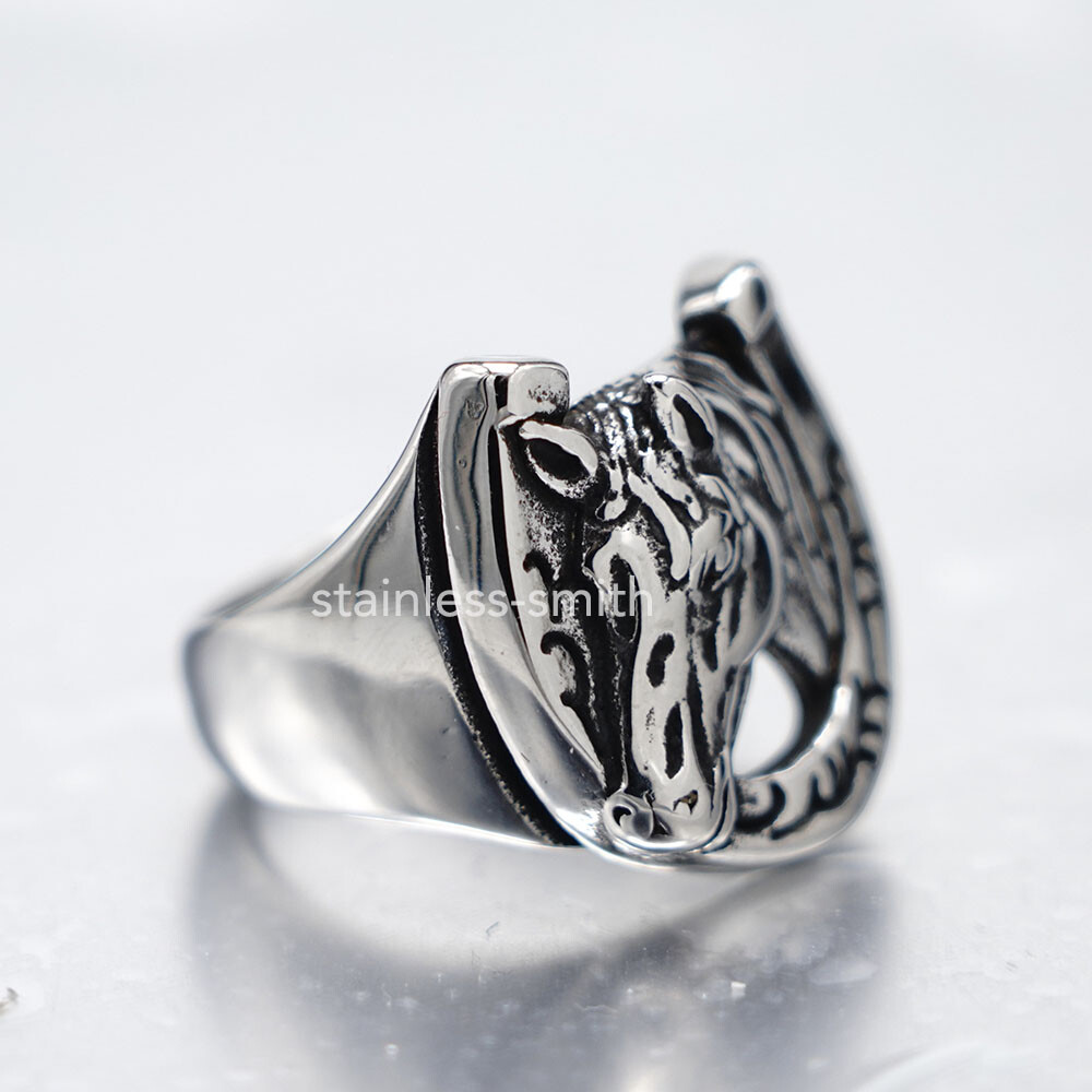 Mens Womens Stainless Steel Wild Horse Head Shoe Horseshoe Ring Size 6 7 8 9-15
