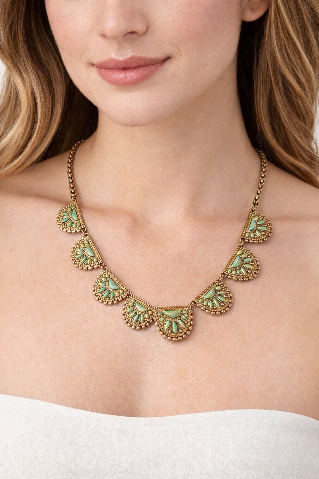 NEW Lucky Brand Boho Bib Necklace Turquoise Green Stone Fan Panels Gold