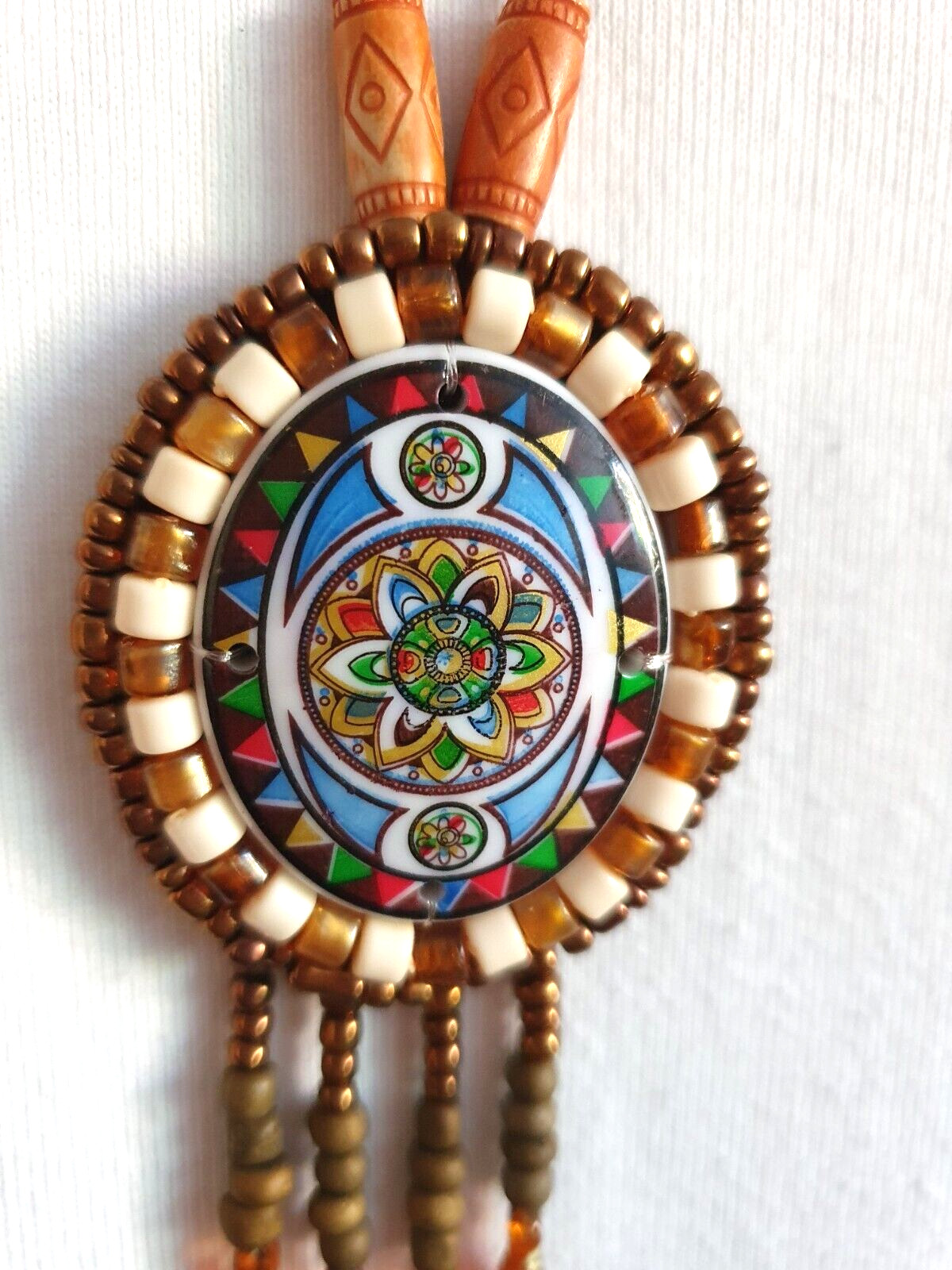 Artisan Mandala Beaded Oval Tassel Leather backed Pendant suede cord Metal Free