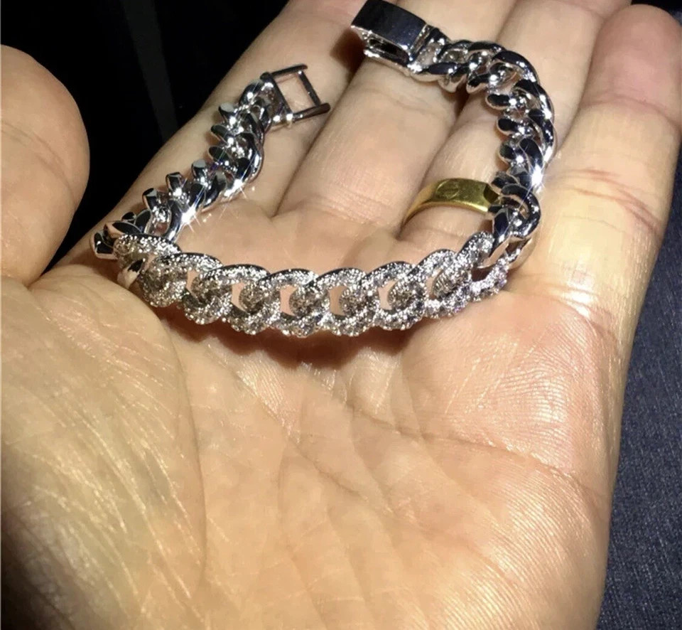 18K Platinum Plated Cuban Chain Bracelet Simulated Diamond Elegant Festival Gift