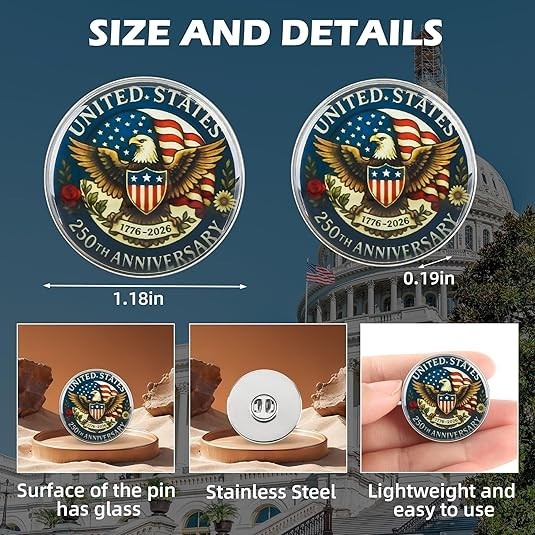 USA 250th Anniversary Lapel Pin 1776-2026 Patriotic Glass Collectible Gift
