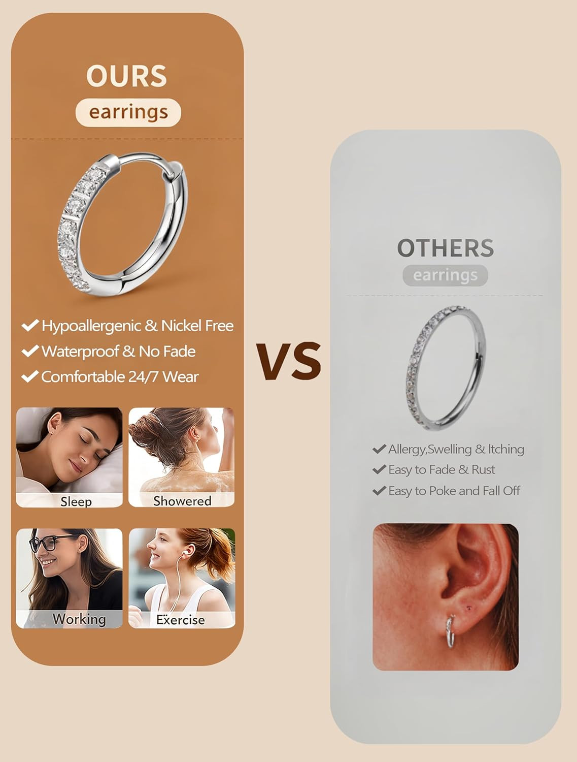 316L Surgical Steel Huggie Hoop Earrings,Dainty Pave Cubic Zirconia Cartilage Ti