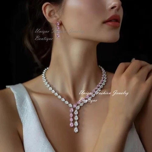 18K White Gold Filled Lab-Created Pink Sapphire Necklace Earring Set Bridal Gift
