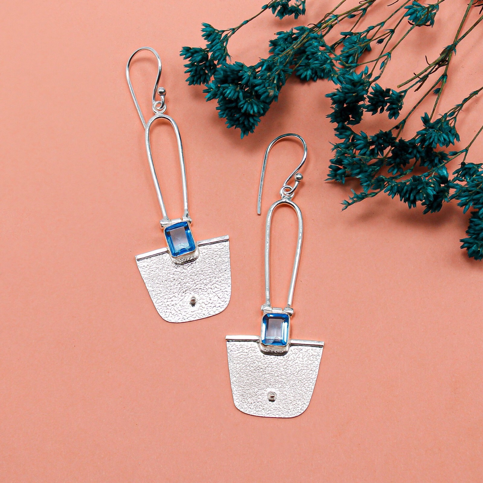 Swiss Blue Topaz Gemstone 925 Silver Jewelry Handmade Dangle Earrings 2.2″ Gift