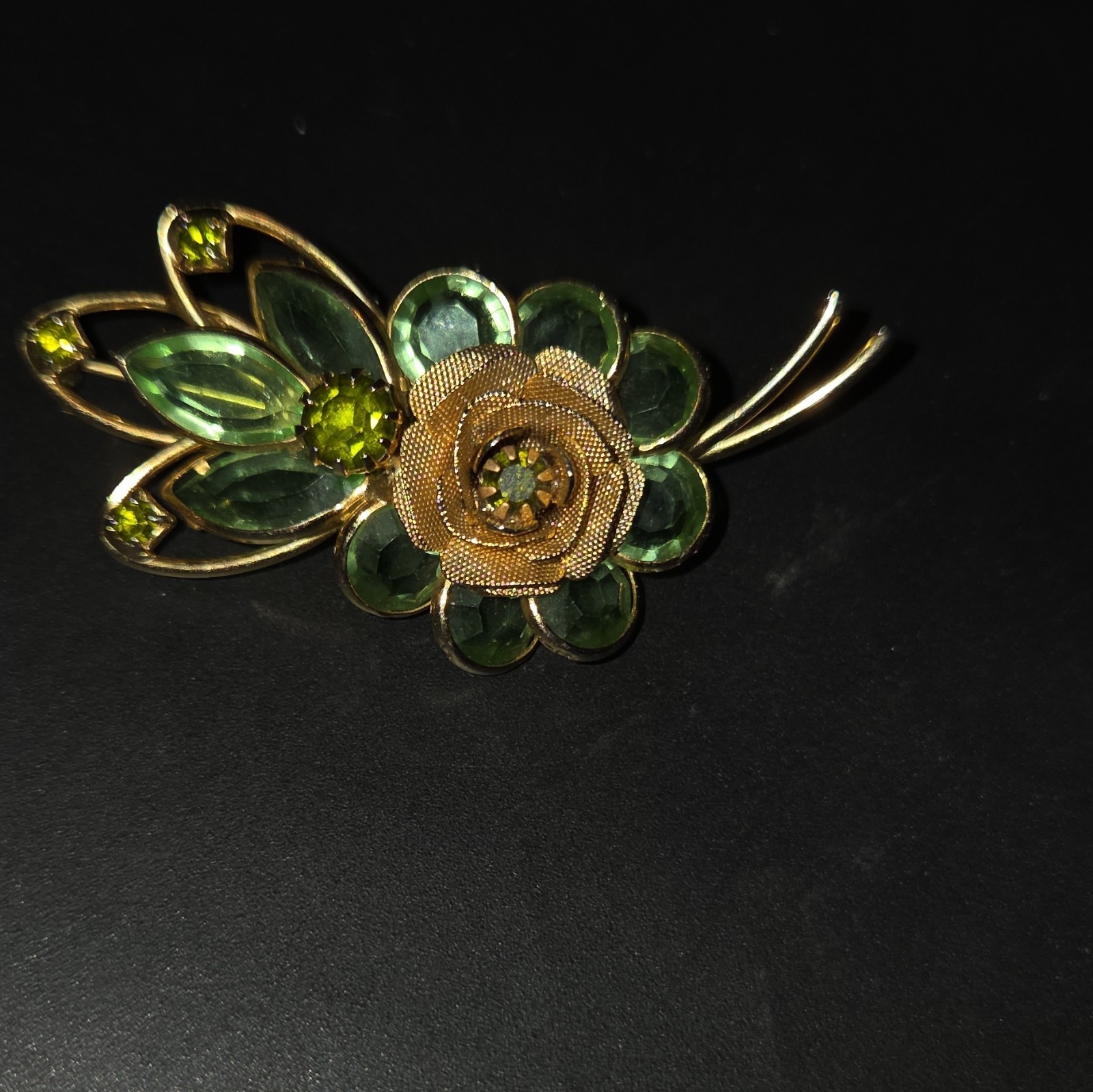 1950 Vintage Signed Hobe Floral Brooch Pin , Green Art Glass Wire Rose