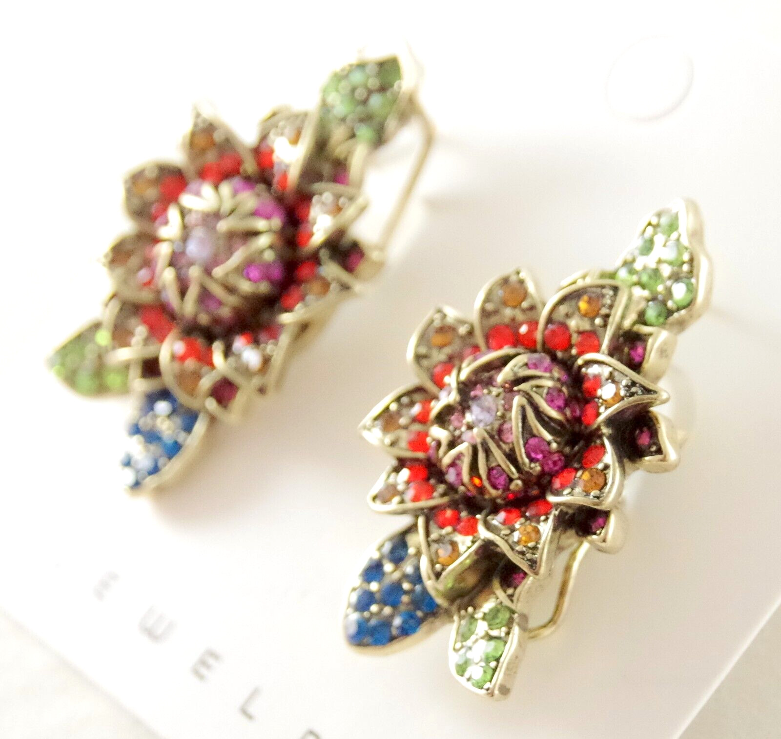1 5/8″ DESIGNER STYLE MOODY HUES CRYSTAL RHINESTONE CABBAGE ROSE FLOWER EARRINGS