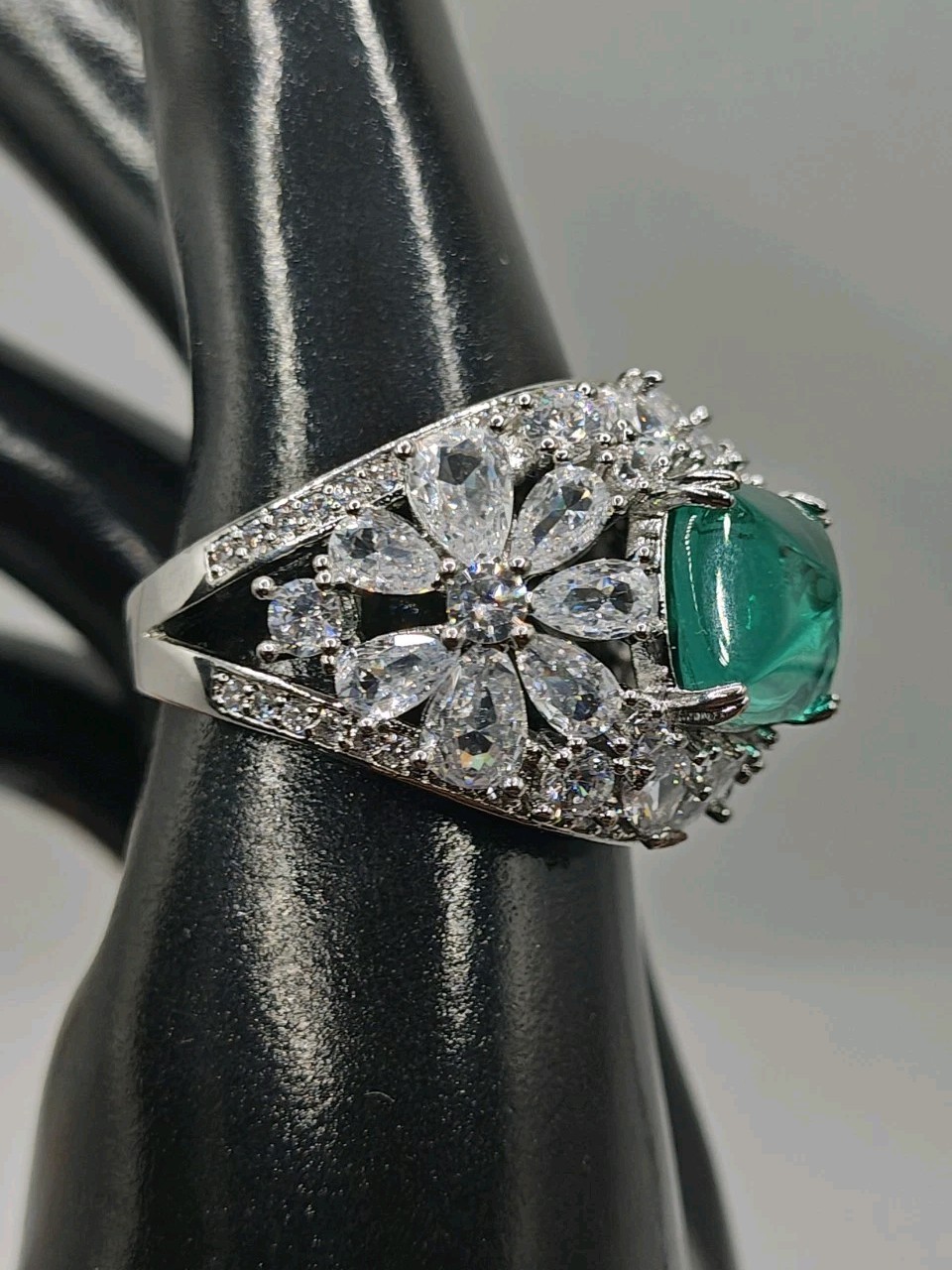 Simulated Green Paraiba Tourmaline Flower Pear Cubic Zirconia Ring Size 10.5