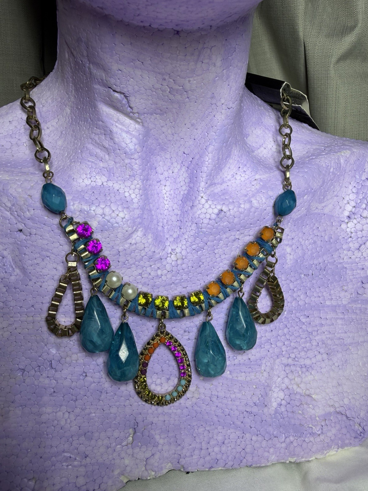 Colorful Statement Bib Necklace Blue Teardrop Rhinestone Boho Festival #07