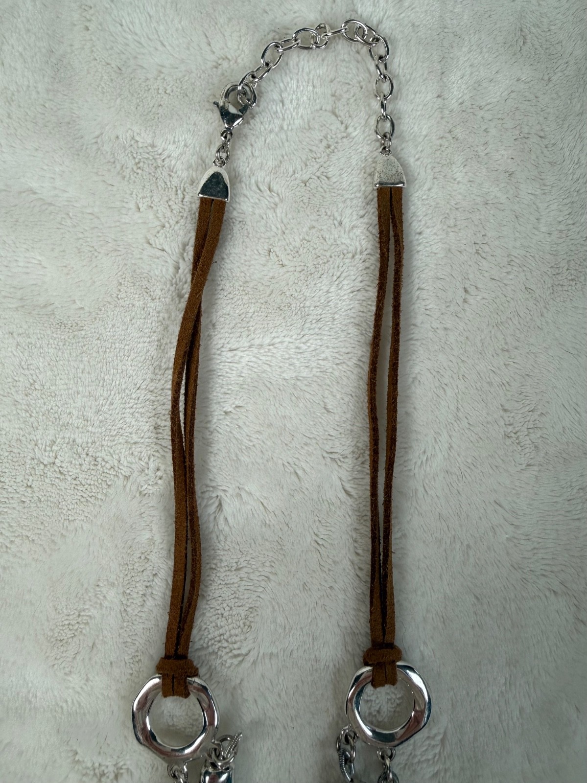 Boho Beaded Statement Necklace Brown Suede Cord Blue Green Beads Silver Pendant
