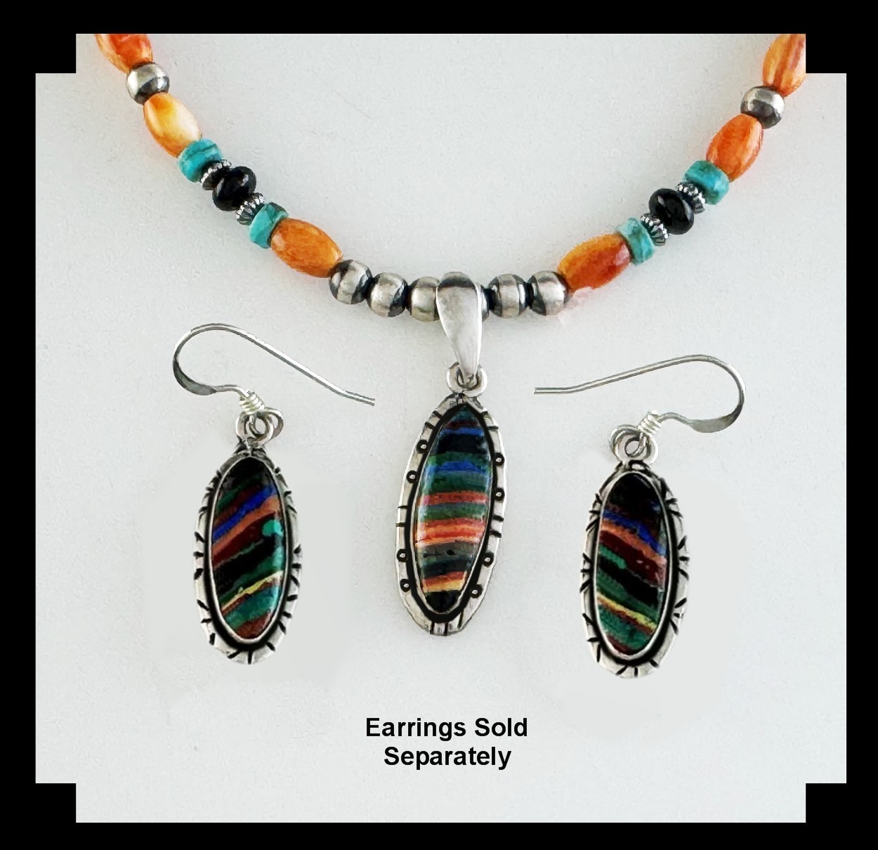 White Fox Multi Gemstone Necklace with Rainbow Calsilica Pendant