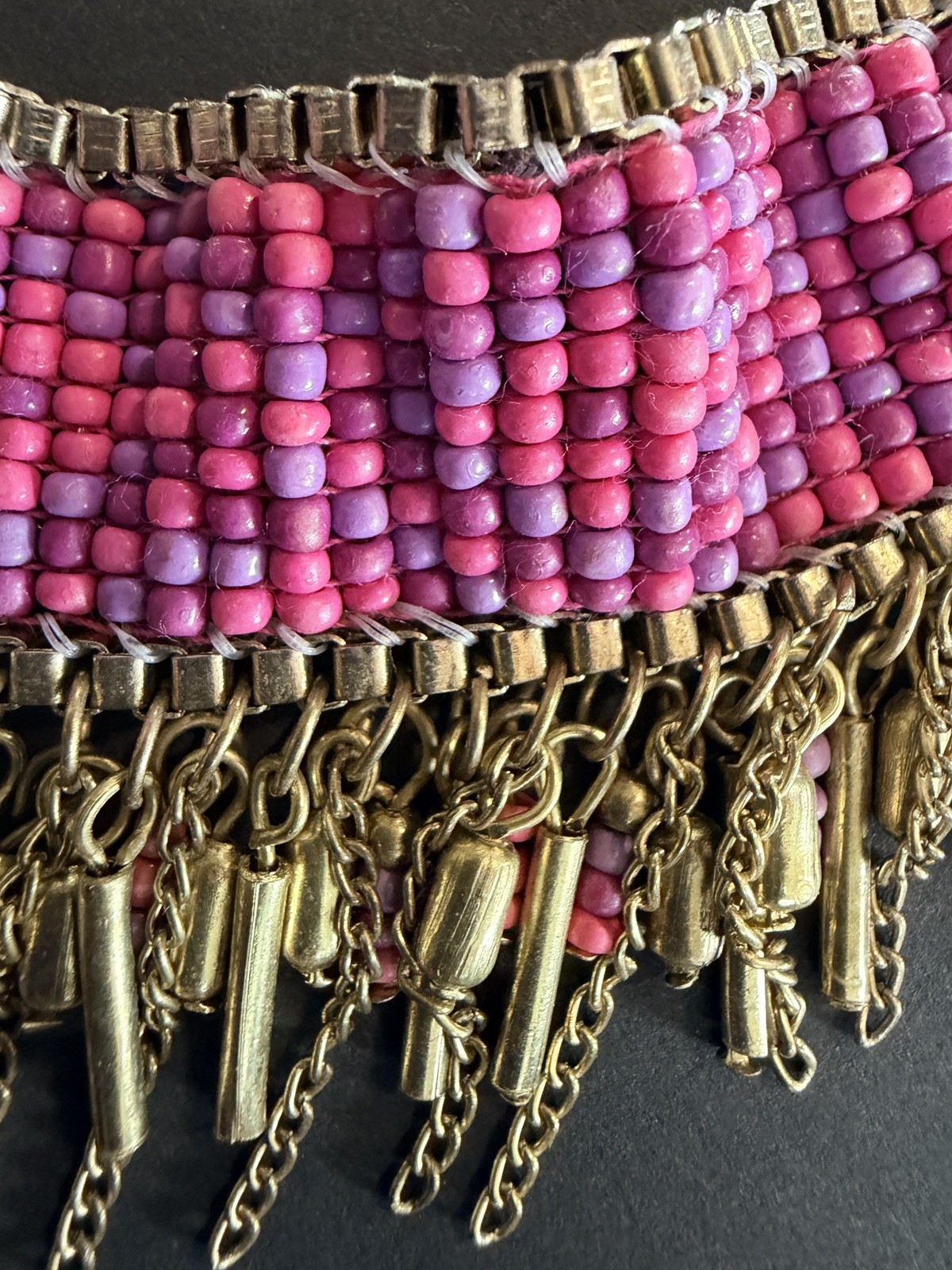 Pink and gold-tone beaded fringe statement necklace, metallic beads, 18 3/4″