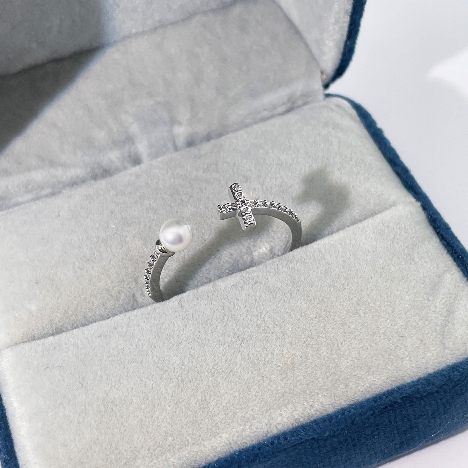 18K Gold Cross & Pearl Promise Ring – Adjustable, Stackable Gift for Her