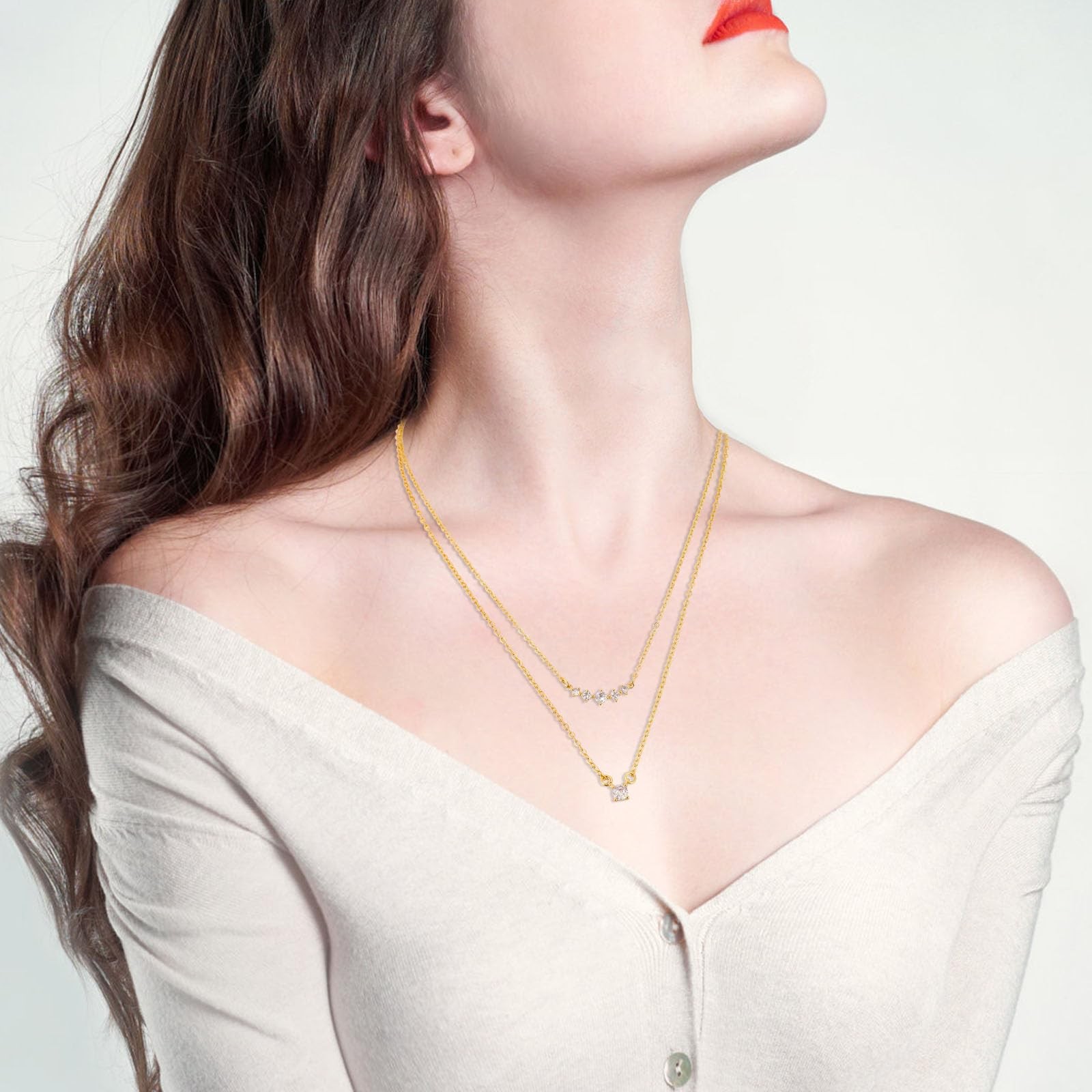 Mikovivi Stackable Zircon Necklace for Women, Adjustable, Gold, 2pcs