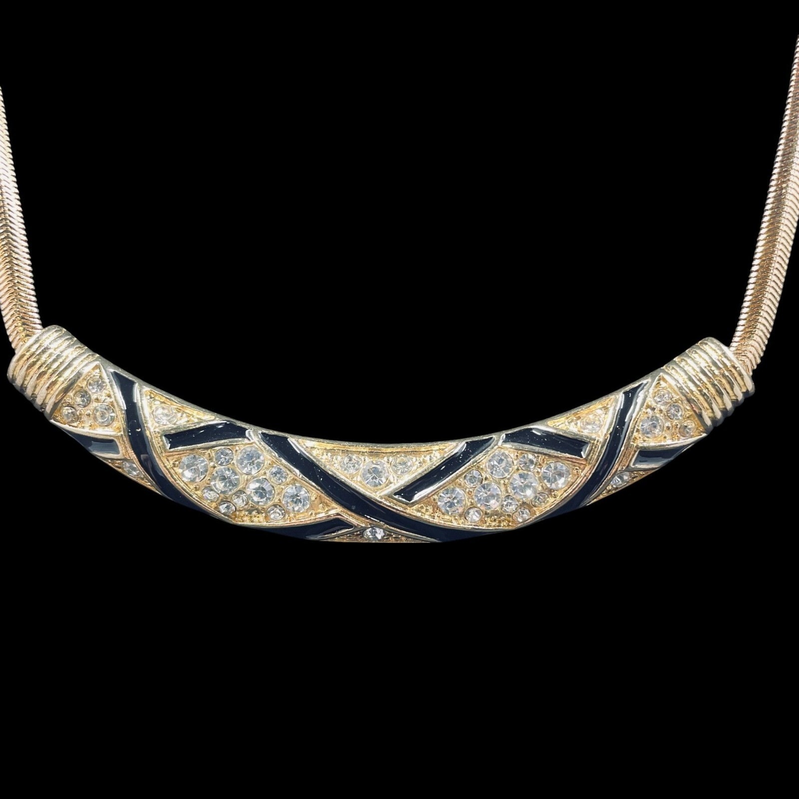 Snake Chain Necklace Bar Pendant Black Enamel Crystal Collar Retro Glam
