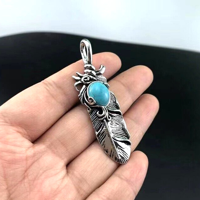 Men Silver Turquoise Feather Pendant Necklace Chain Punk Rock Biker Jewelry Gift
