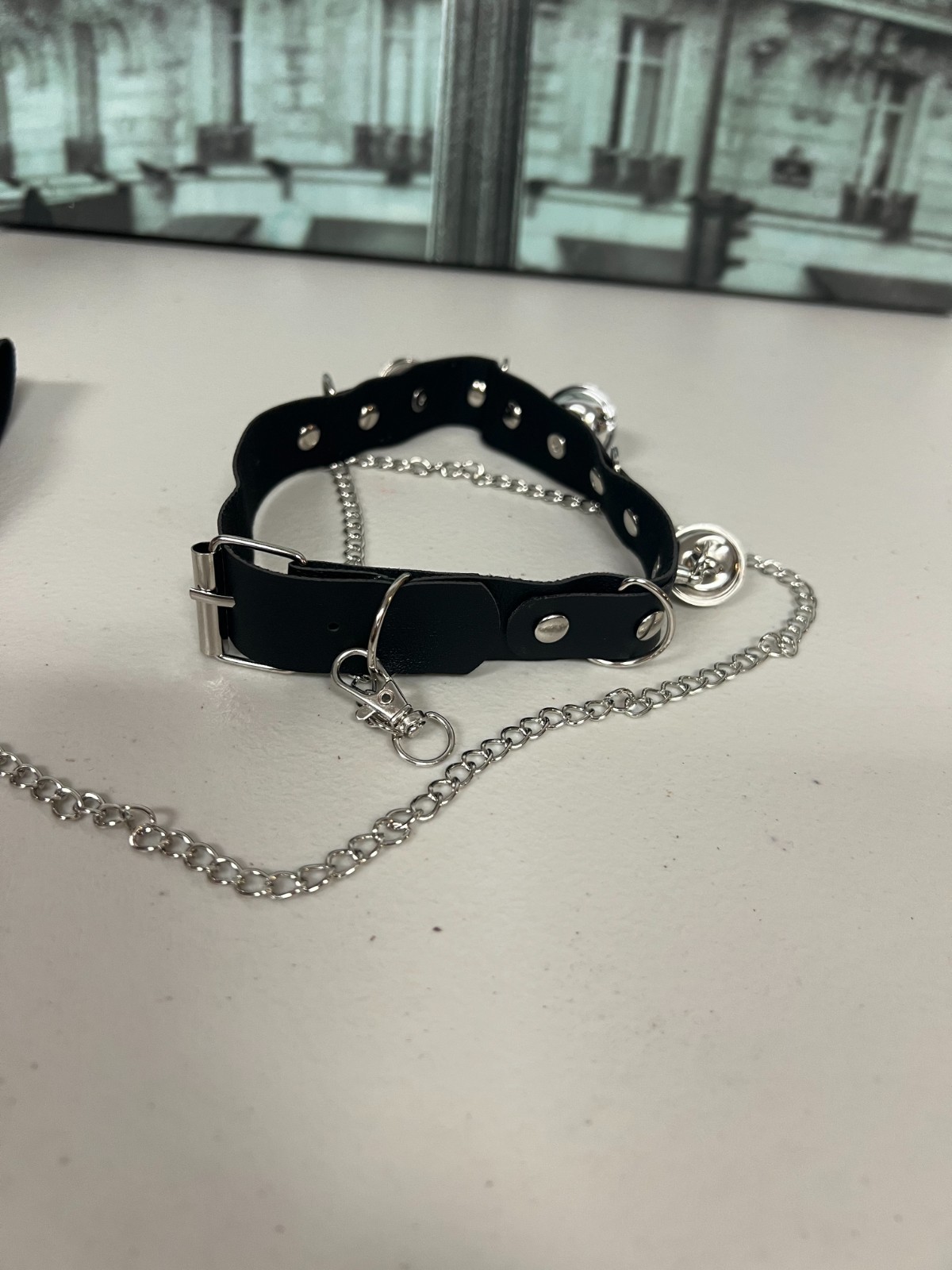 Gothic Faux Leather Choker Set Detachable Chain Leash Bell