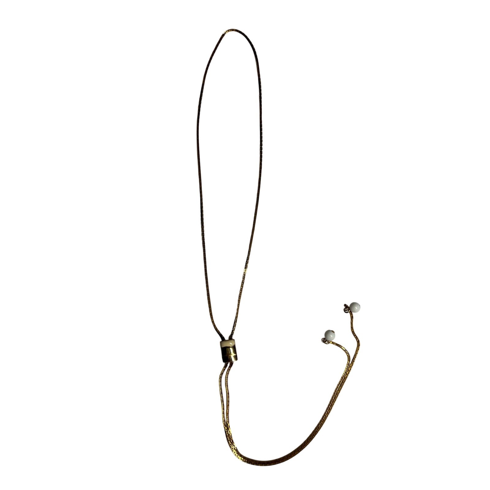 Gold Tone Lariat Necklace Adjustable Slide Pendant White Bead Tassel 17in