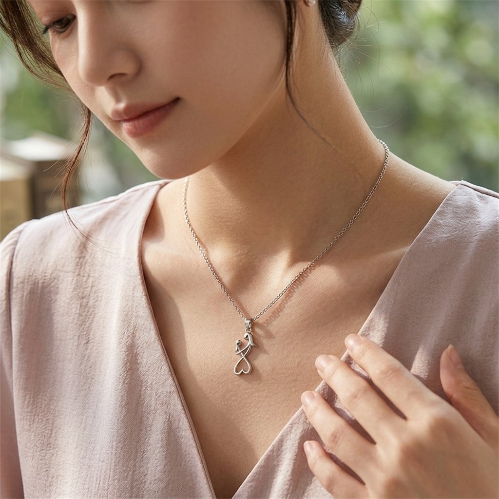 Silver Tone Mother Daughter Pendant Necklace 40+5cm Chain Gift for Mom