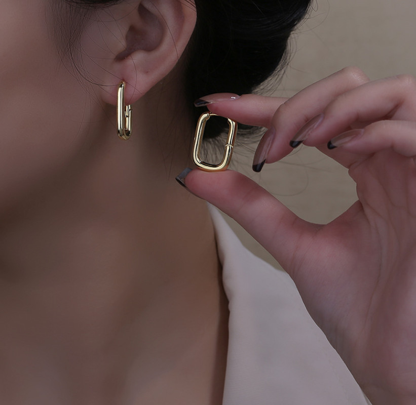 Women 925 Sterling Silver Gold Plated U-Shape Huggie Hoop Earrings 23mm E9