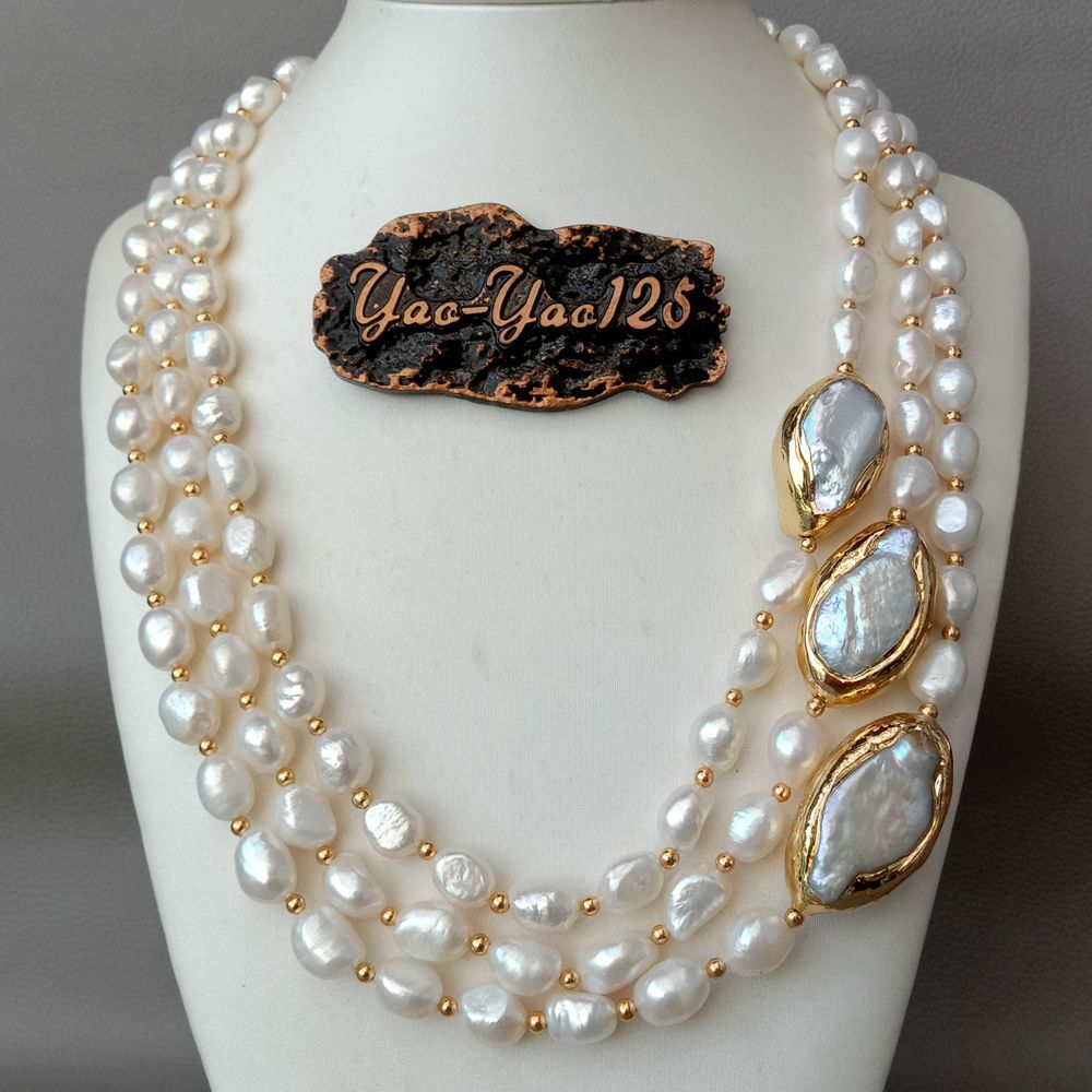 3 rows Cultured Baroque Pearl Necklace Keshi Pearl Gold Plated Connector 20″