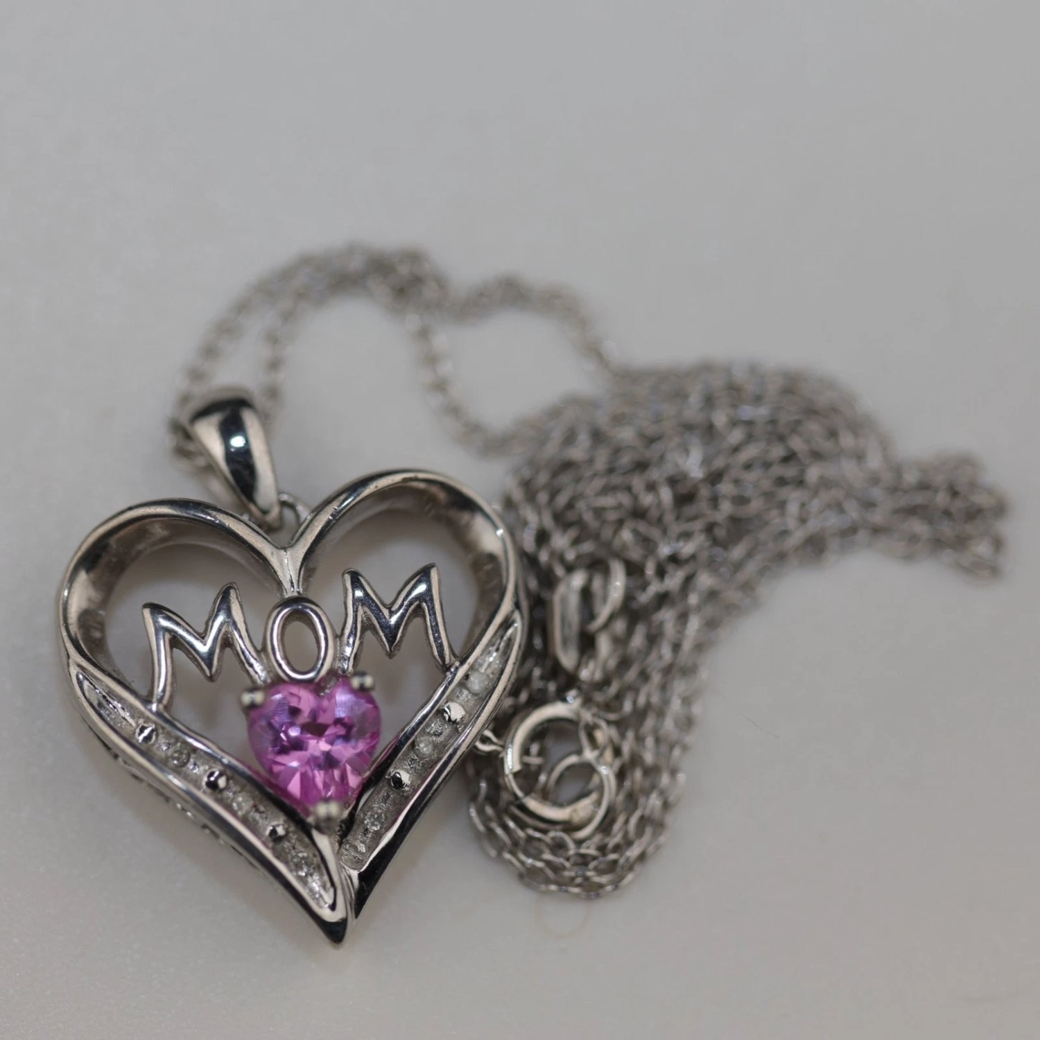 Sun Sterling Silver Mom Heart Pendant Necklace Pink CZ 925 18″ Boxed