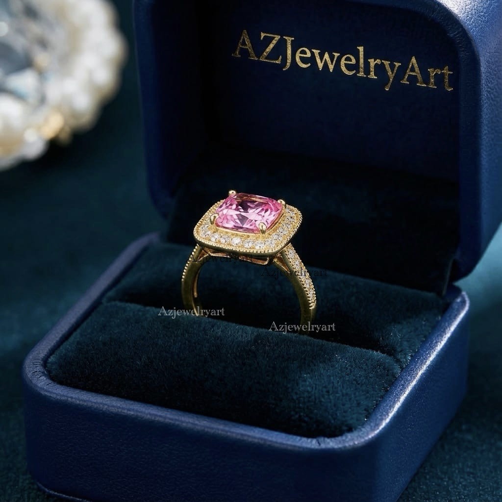 Cushion Cut Pink Sapphire Ring 925 Sterling Silver Ring Gift For Her.