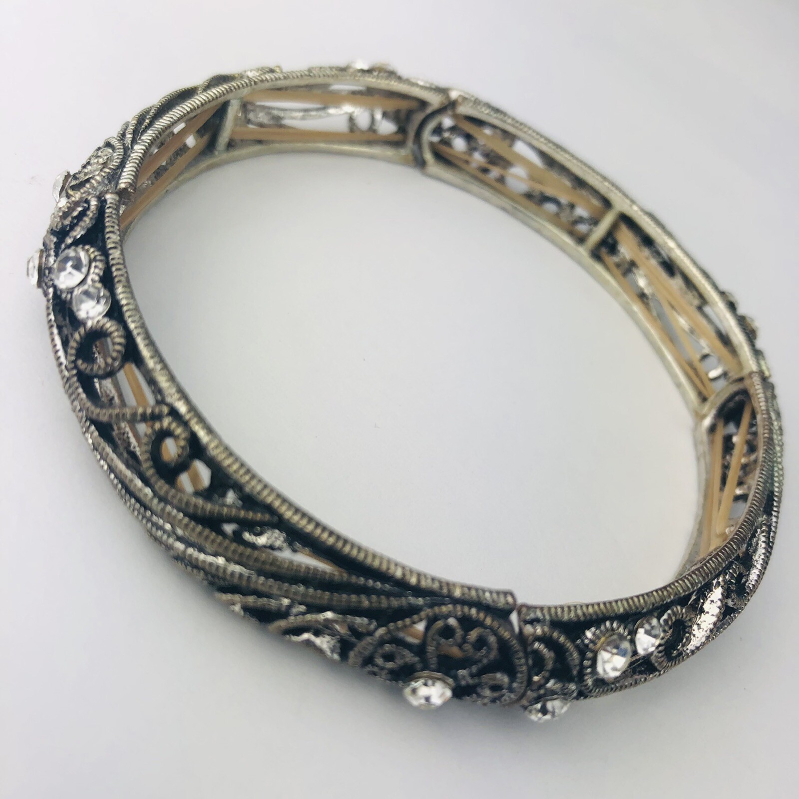 Art Nouveau Style Silver Tone Clear White Rhinestone ￼￼ Bangle Bracelet￼
