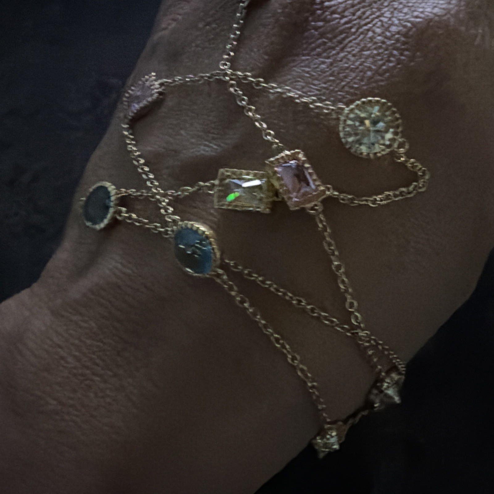 Gold Tone Station Necklace Multi Color Crystal Stations Purple Green Blue Clear