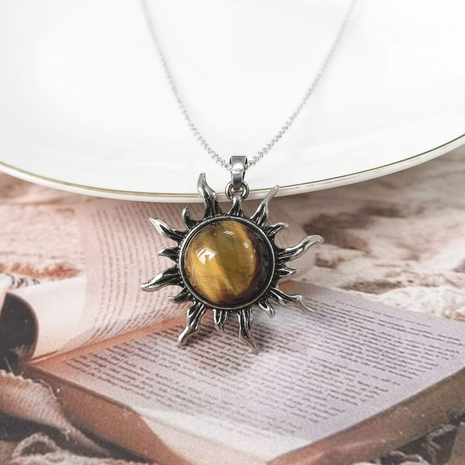 Tiger Eye Necklace, Natural Tiger Eye Stone Sun Pendant Necklace, Handmade He…