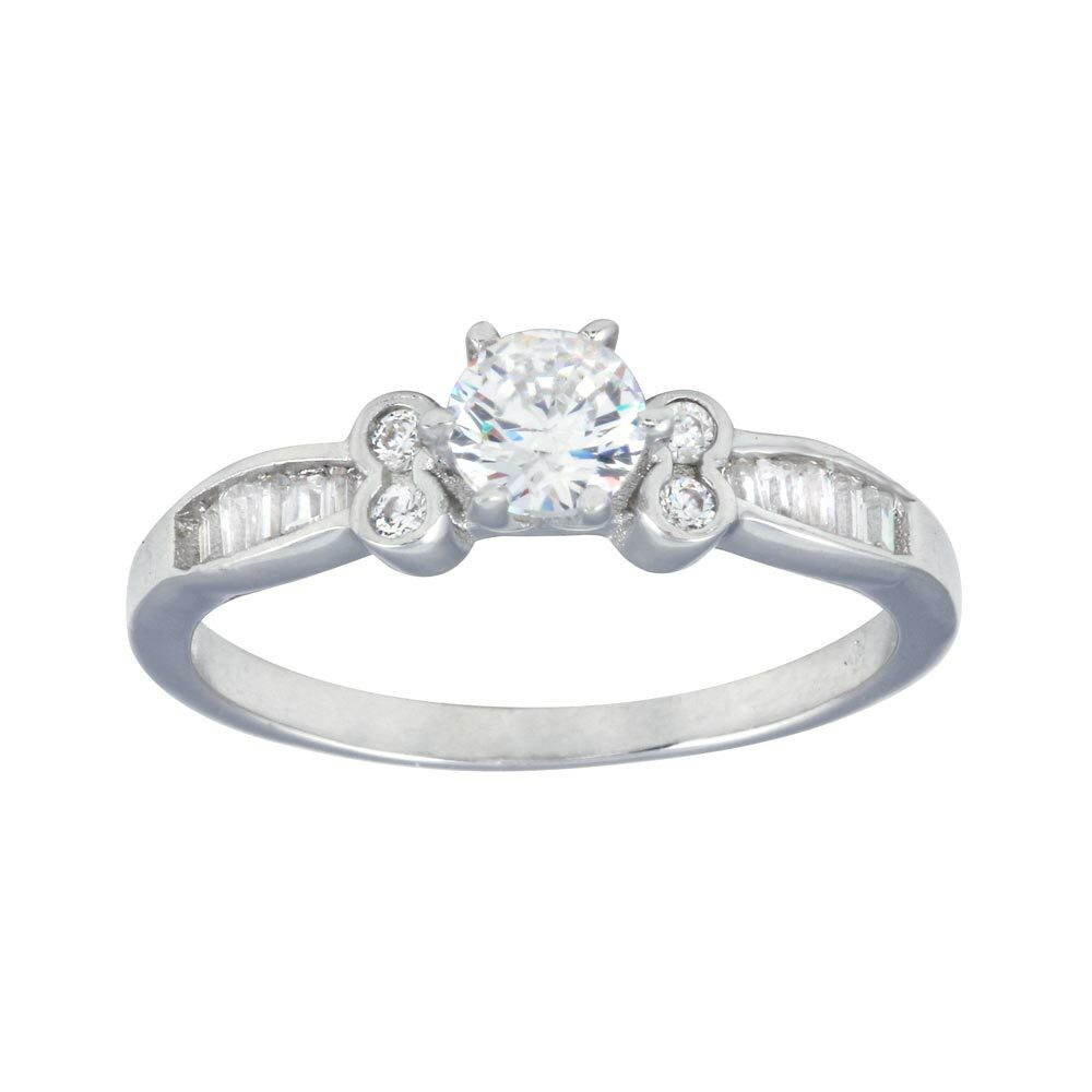Sterling Silver Ladies Ring w/ Baguette Cut & 5 mm (0.5 ct) Round Cut Center CZ