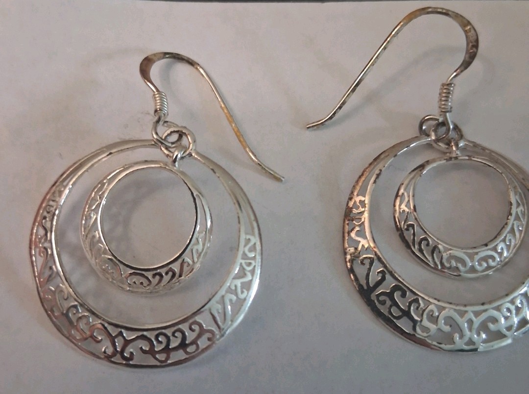 Vtg Sterling Silver Dbl Hoop Dangle Drop Hook Earrings Round .925